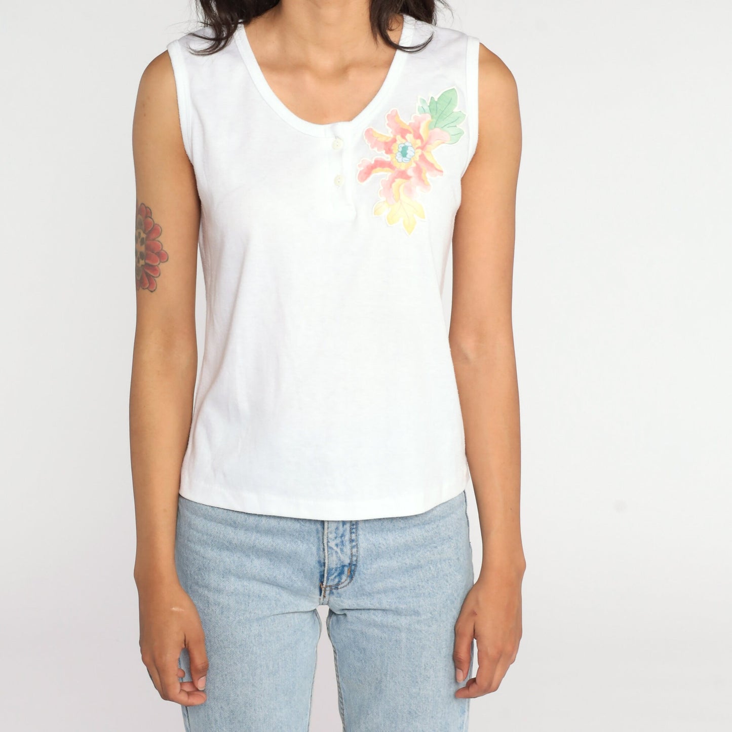 80s White Floral Tank Top Single Stitch Henley Sleeveless Small