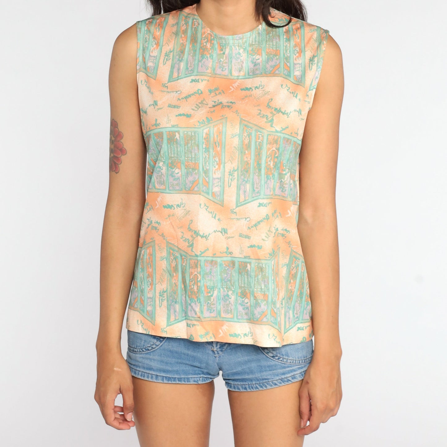 70s Psychedelic Window Print Tank Top Orange Sleeveless Blouse Small