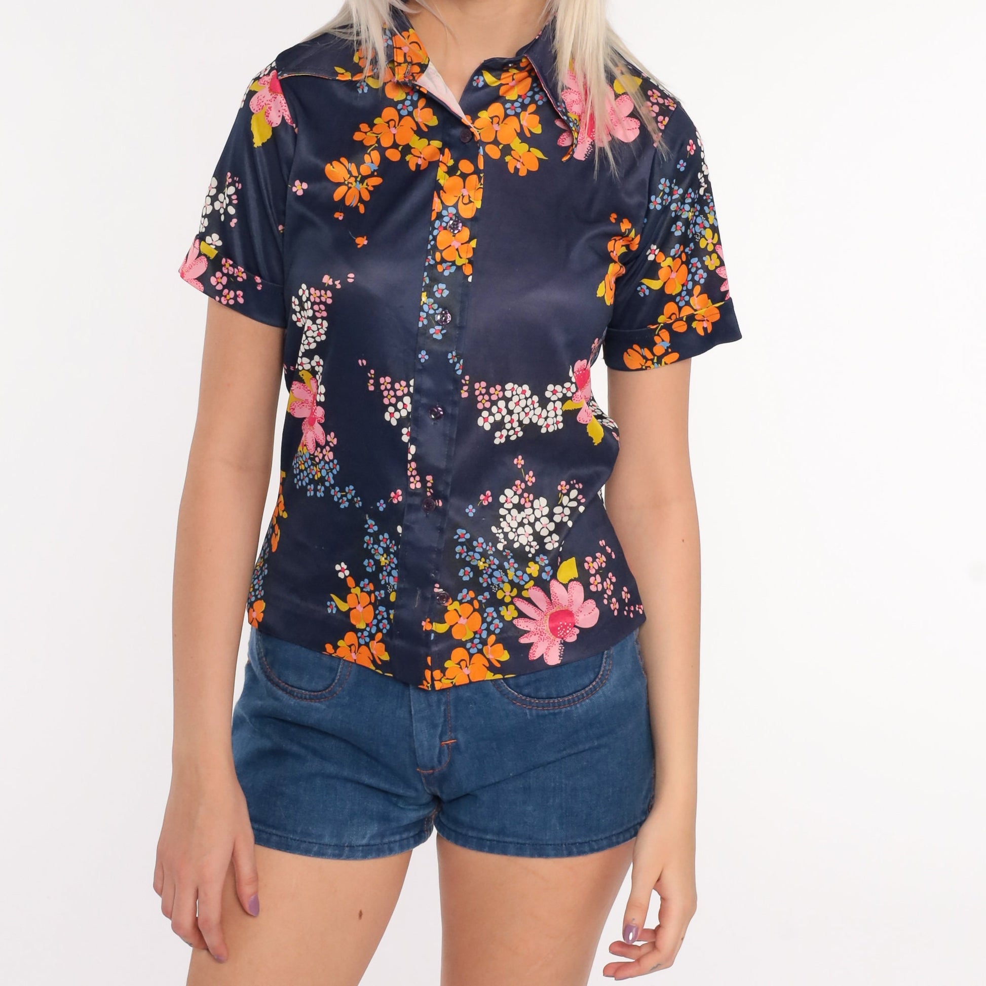 70s Blue Floral Button-Up Blouse Dagger Collar Short Sleeve Small S