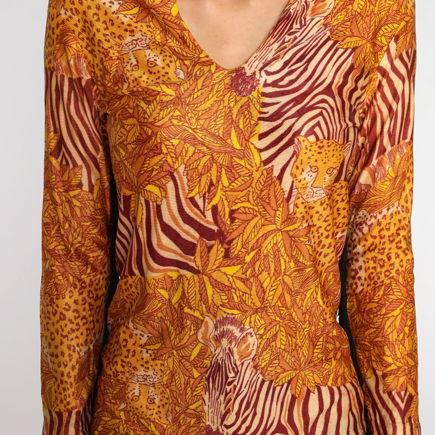 70s Leopard Zebra Animal Print Blouse Fringe Trim Small