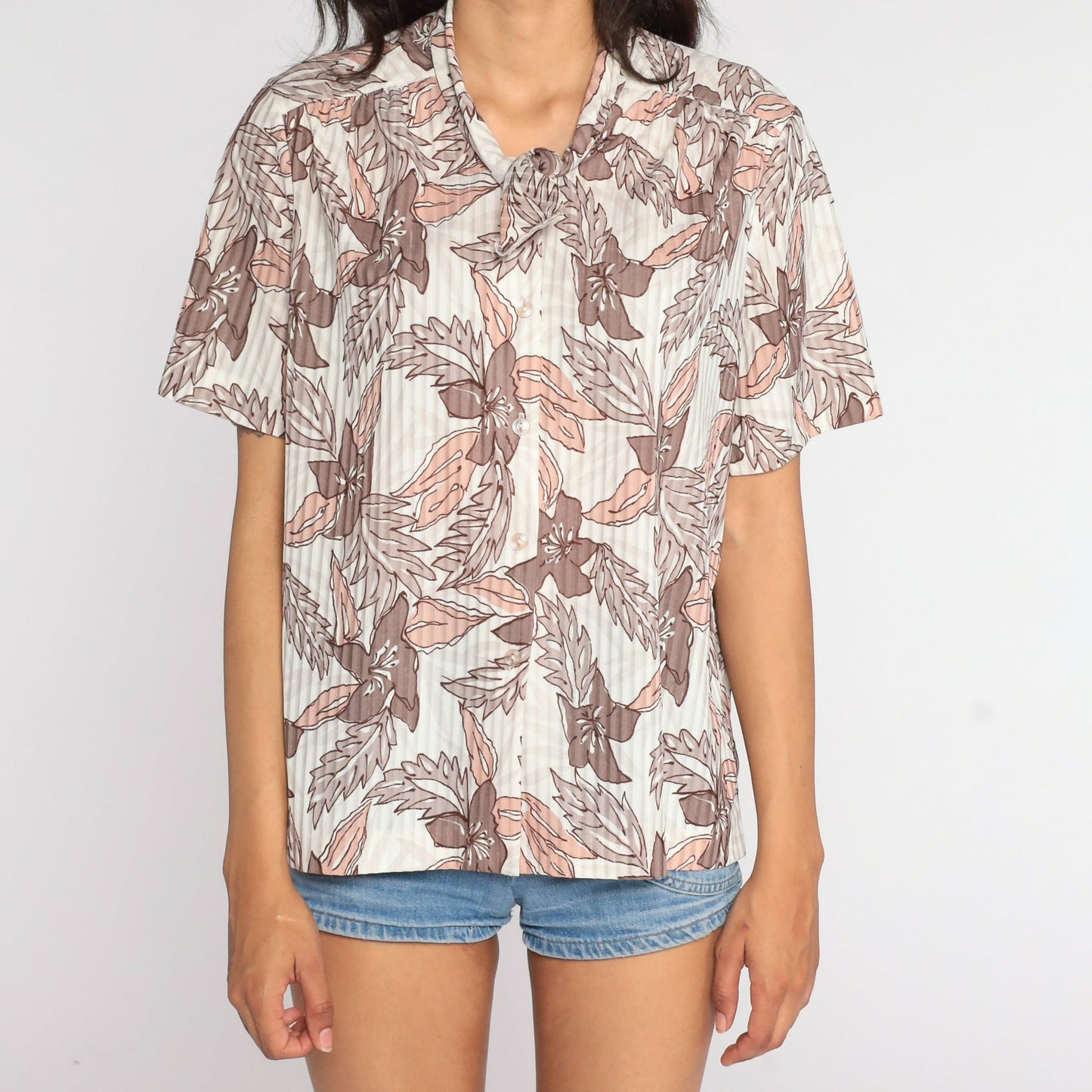 80s Floral Ascot Blouse Short Sleeve Button Up Cream Taupe Large