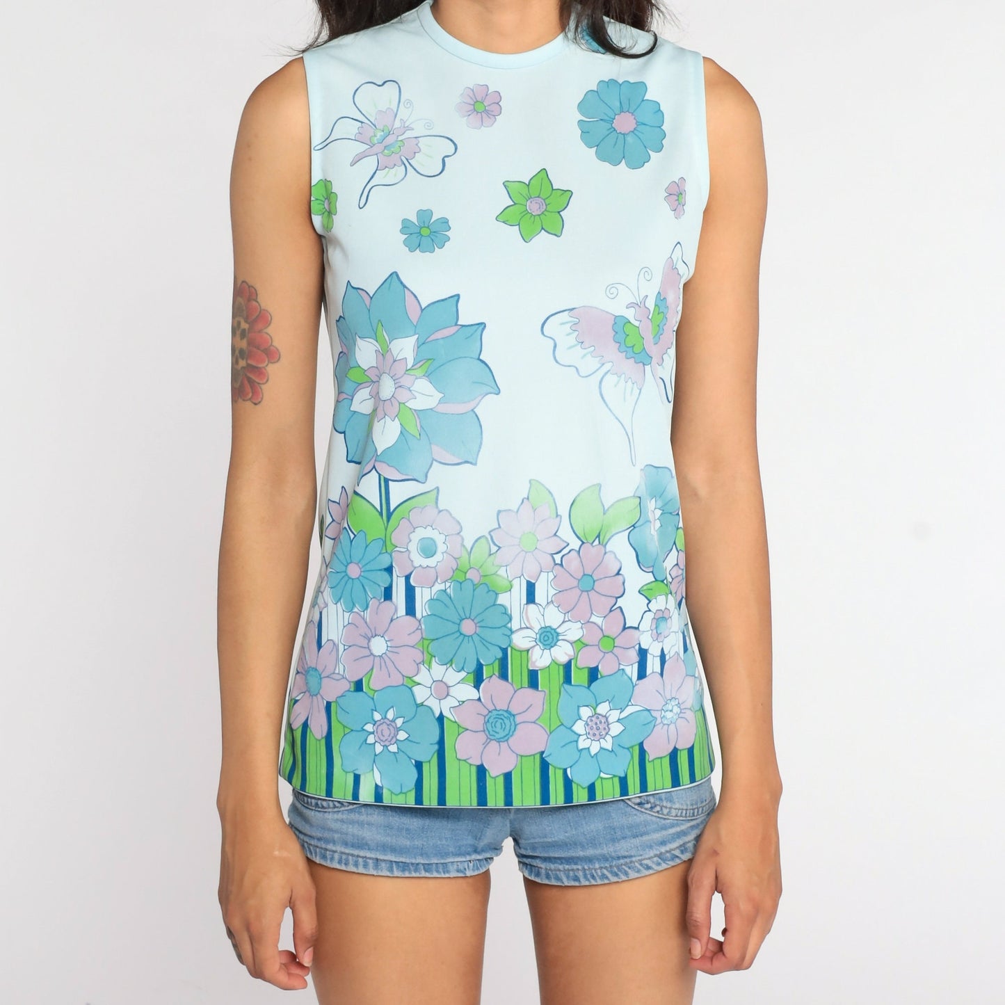 70s Butterfly Floral Tank Top Blue Psychedelic Sleeveless Blouse Small