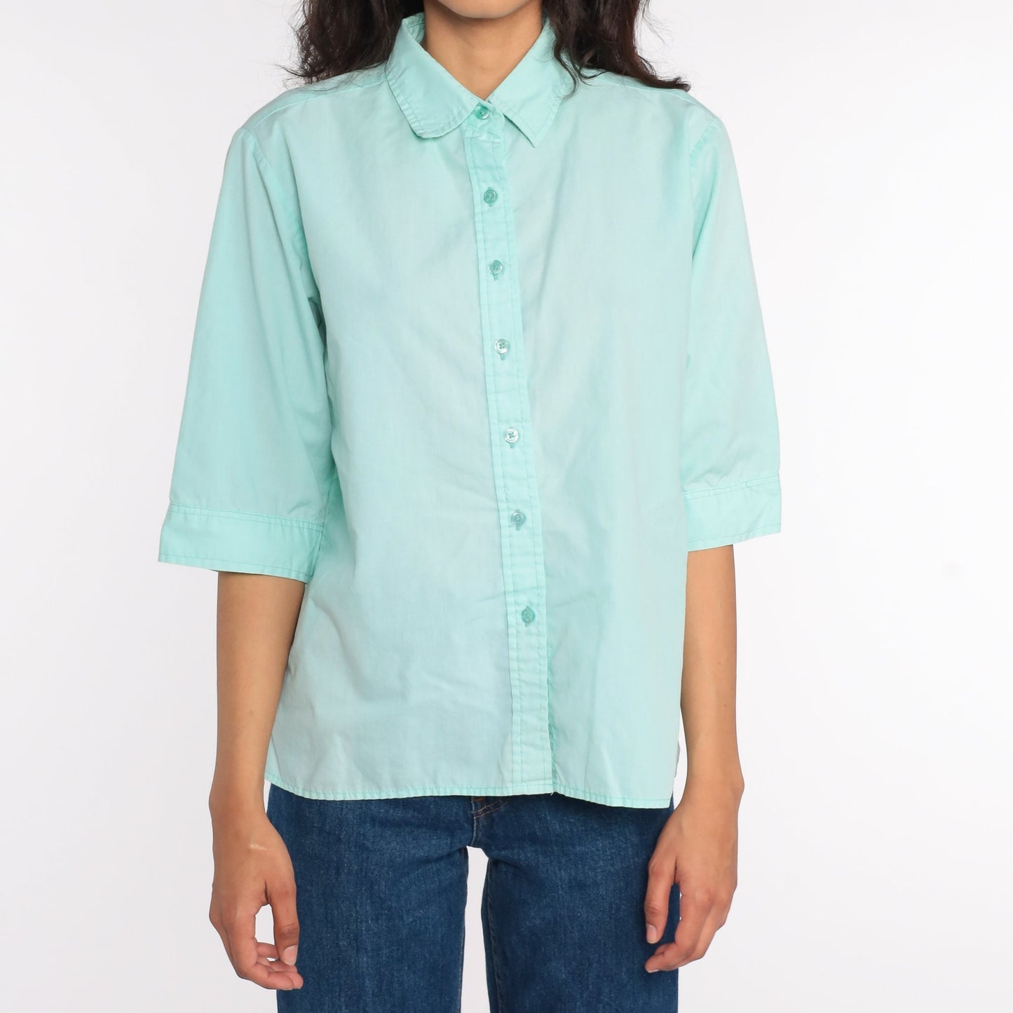 80s Aqua Blue Cotton Button-Up Blouse 3/4 Sleeve Collared Shirt Large