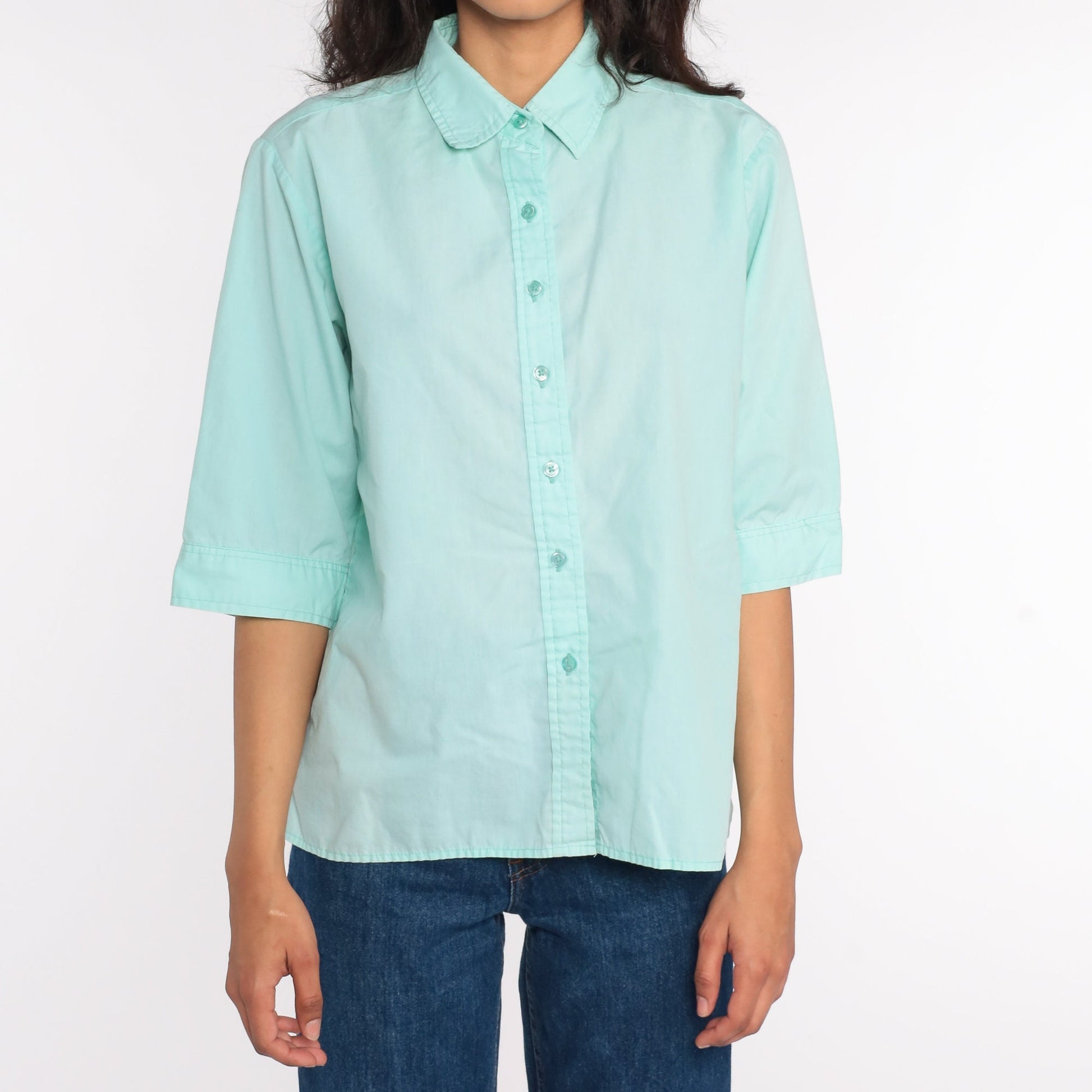 80s Aqua Blue Cotton Button-Up Blouse 3/4 Sleeve Collared Shirt Large