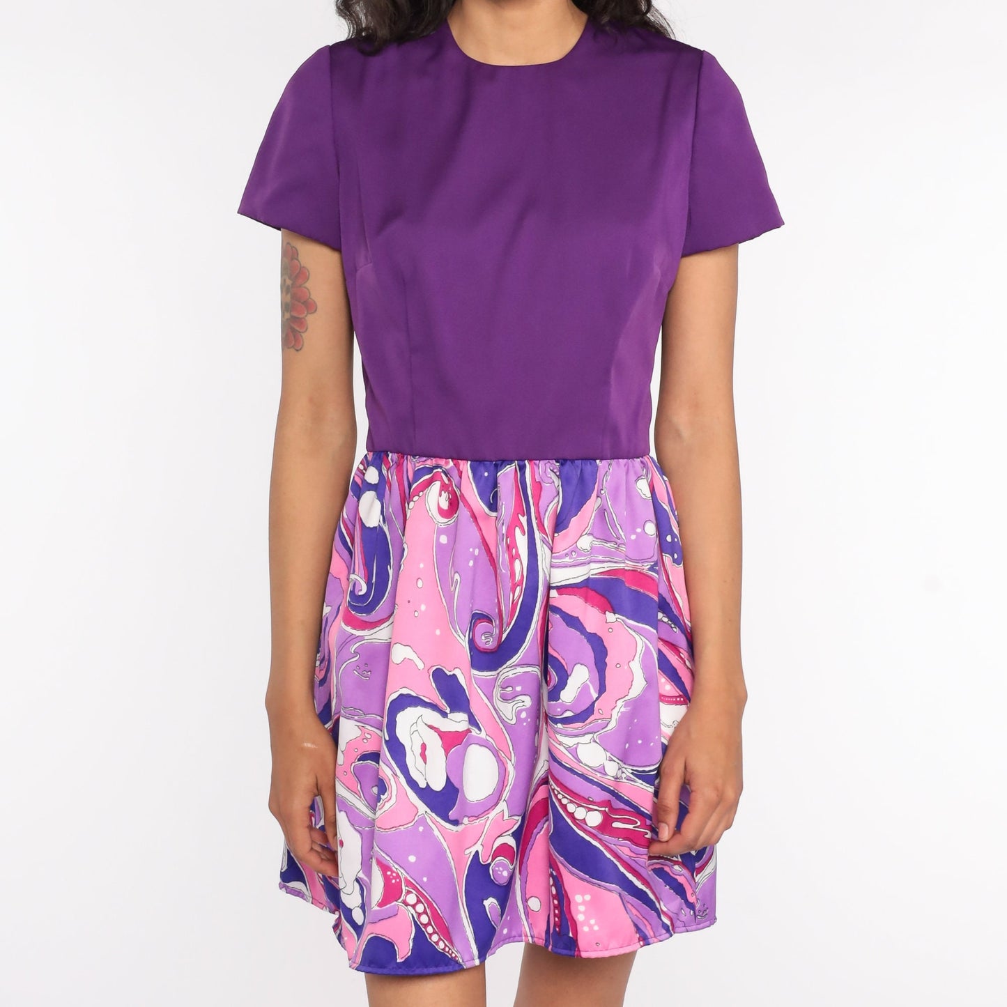 70s Psychedelic Mini Dress Pink Purple Short Sleeve Small