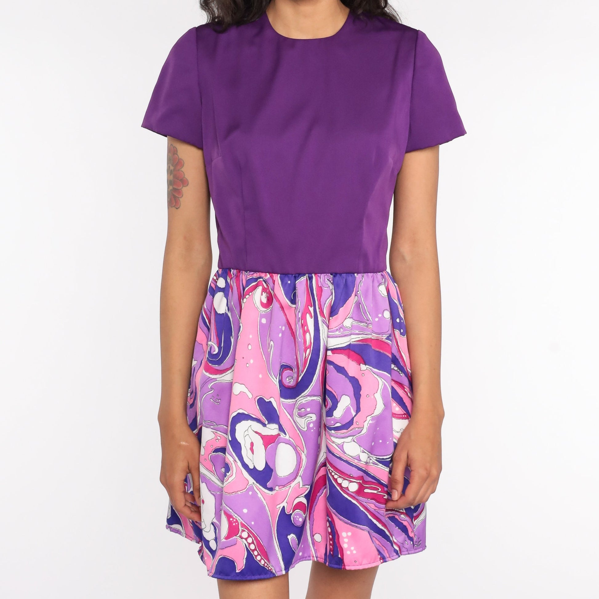 70s Psychedelic Mini Dress Pink Purple Short Sleeve Small