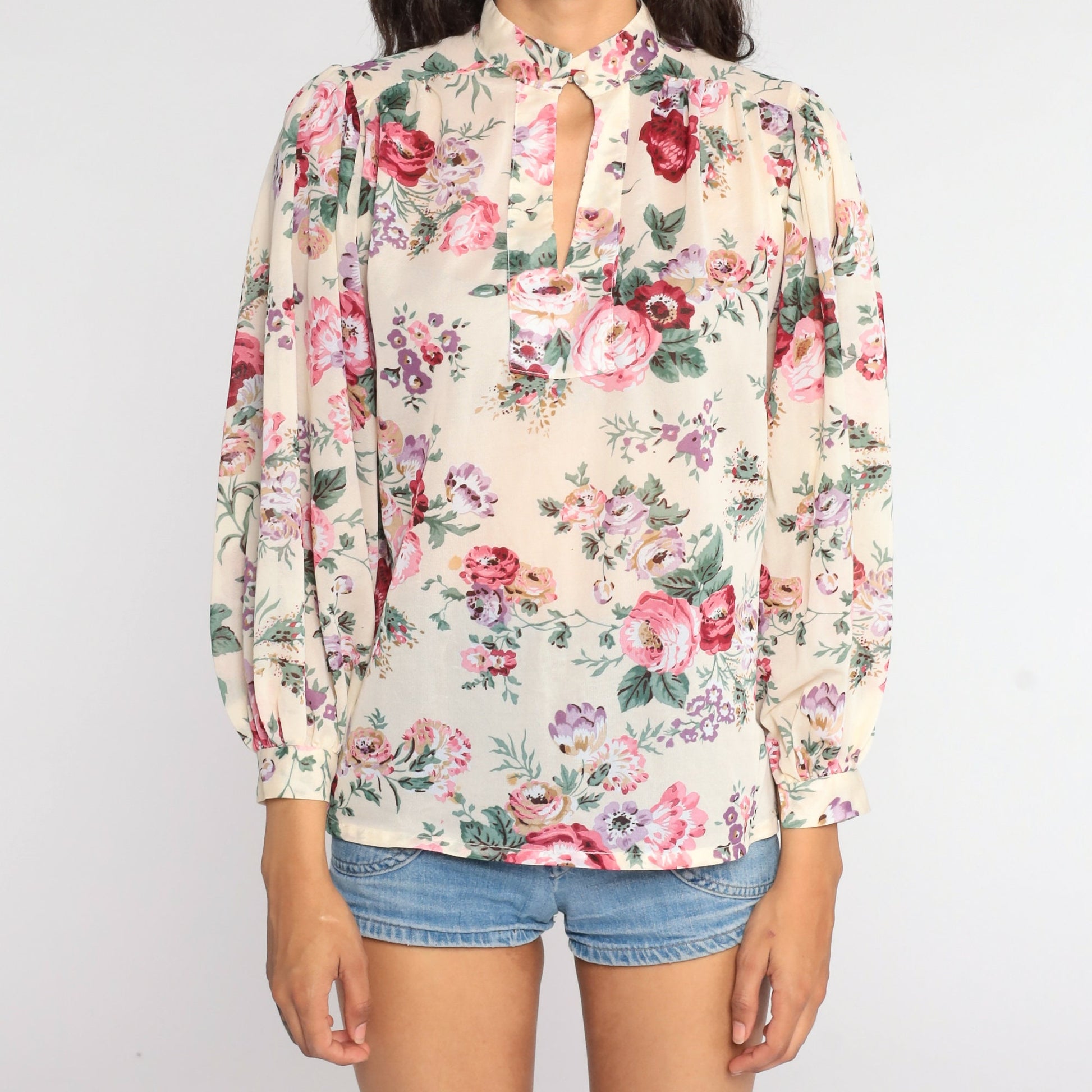 80s Floral Keyhole Blouse Puff Sleeve Semi-Sheer Medium