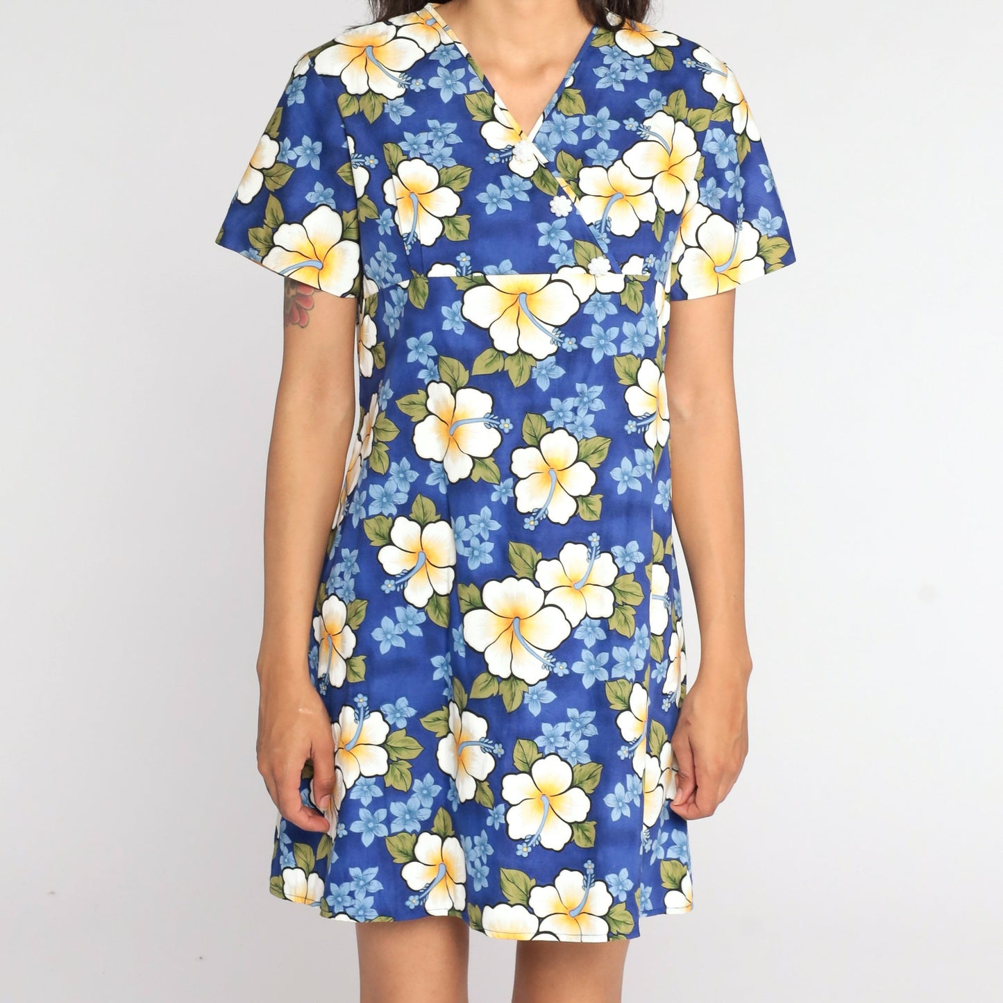 90s Floral Tropical Mini Dress Hibiscus Print Shift Blue Small