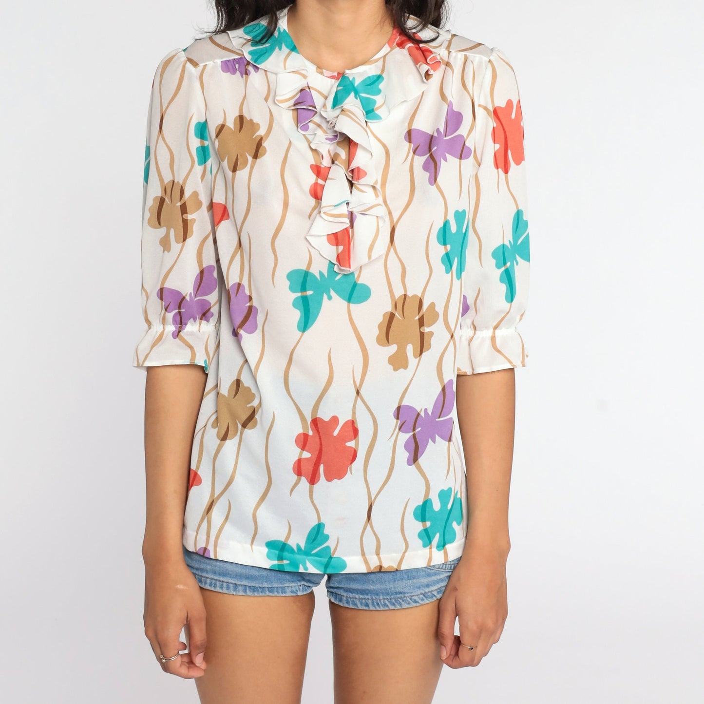 70s Butterfly Print Puff Sleeve Blouse Ruffle Neck Button Up Medium