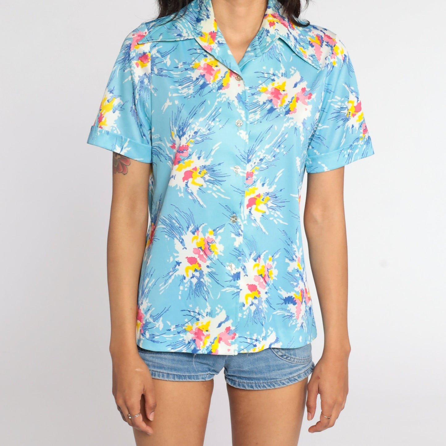 70s Abstract Floral Print Button-Up Blouse Pink Blue Short Sleeve Medium
