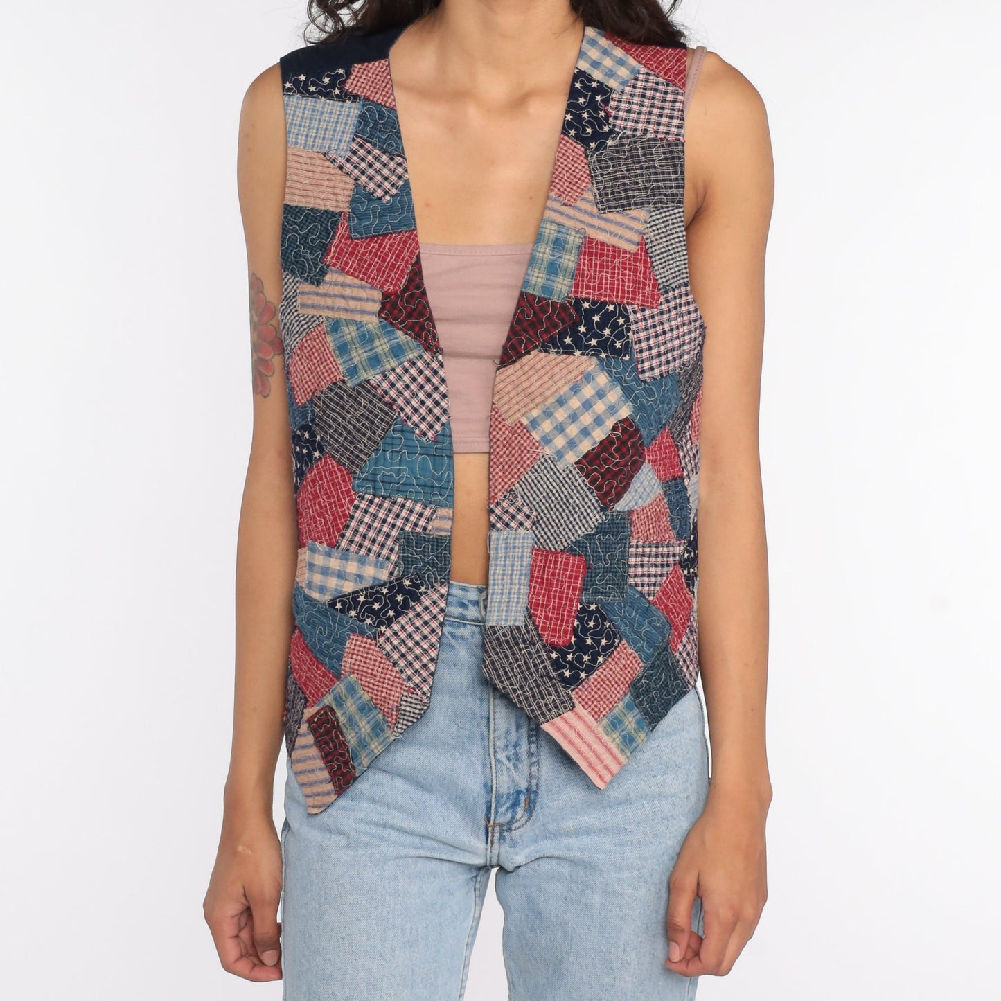 90s Patchwork Open Front Vest Top Red Blue Gingham Medium