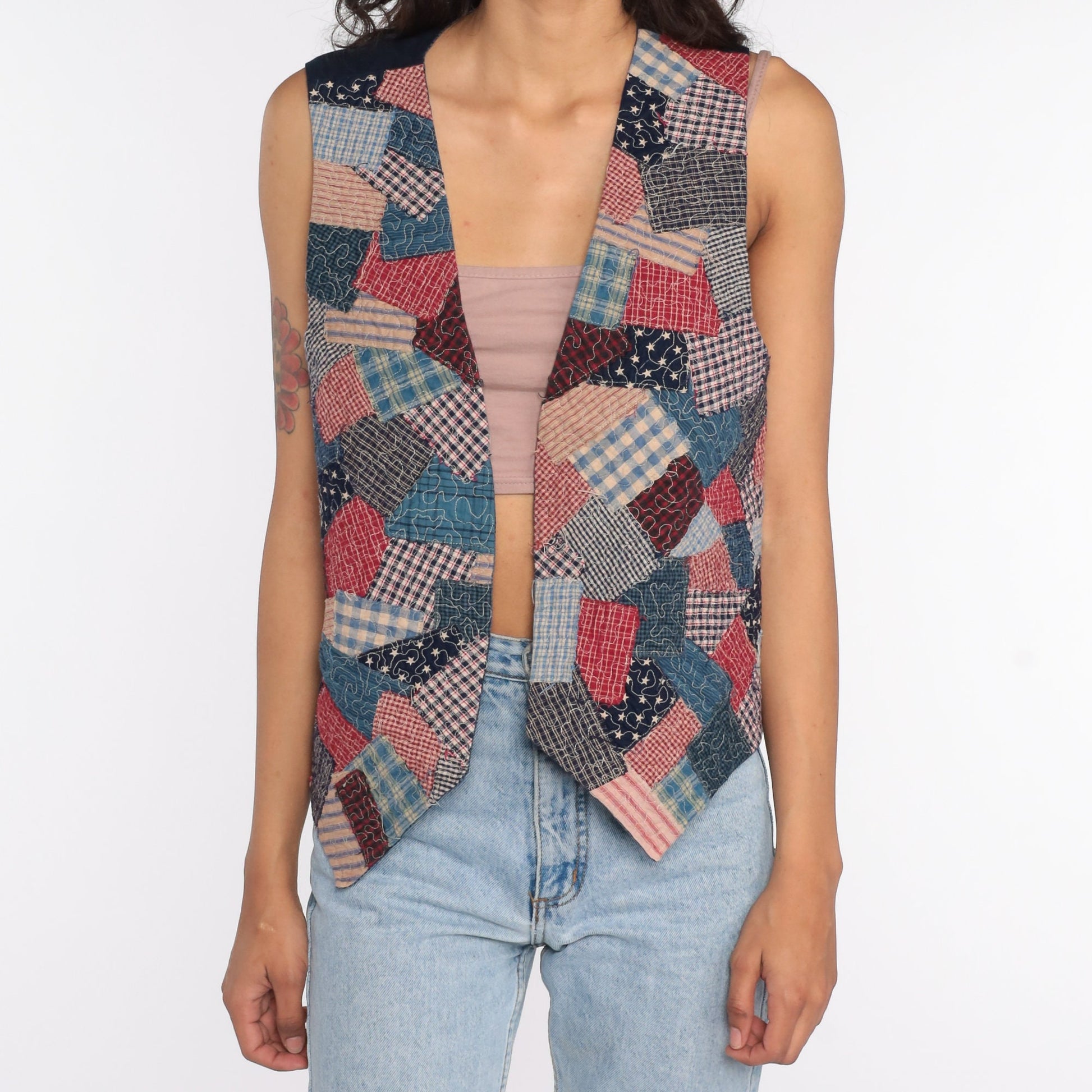 90s Patchwork Open Front Vest Top Red Blue Gingham Medium