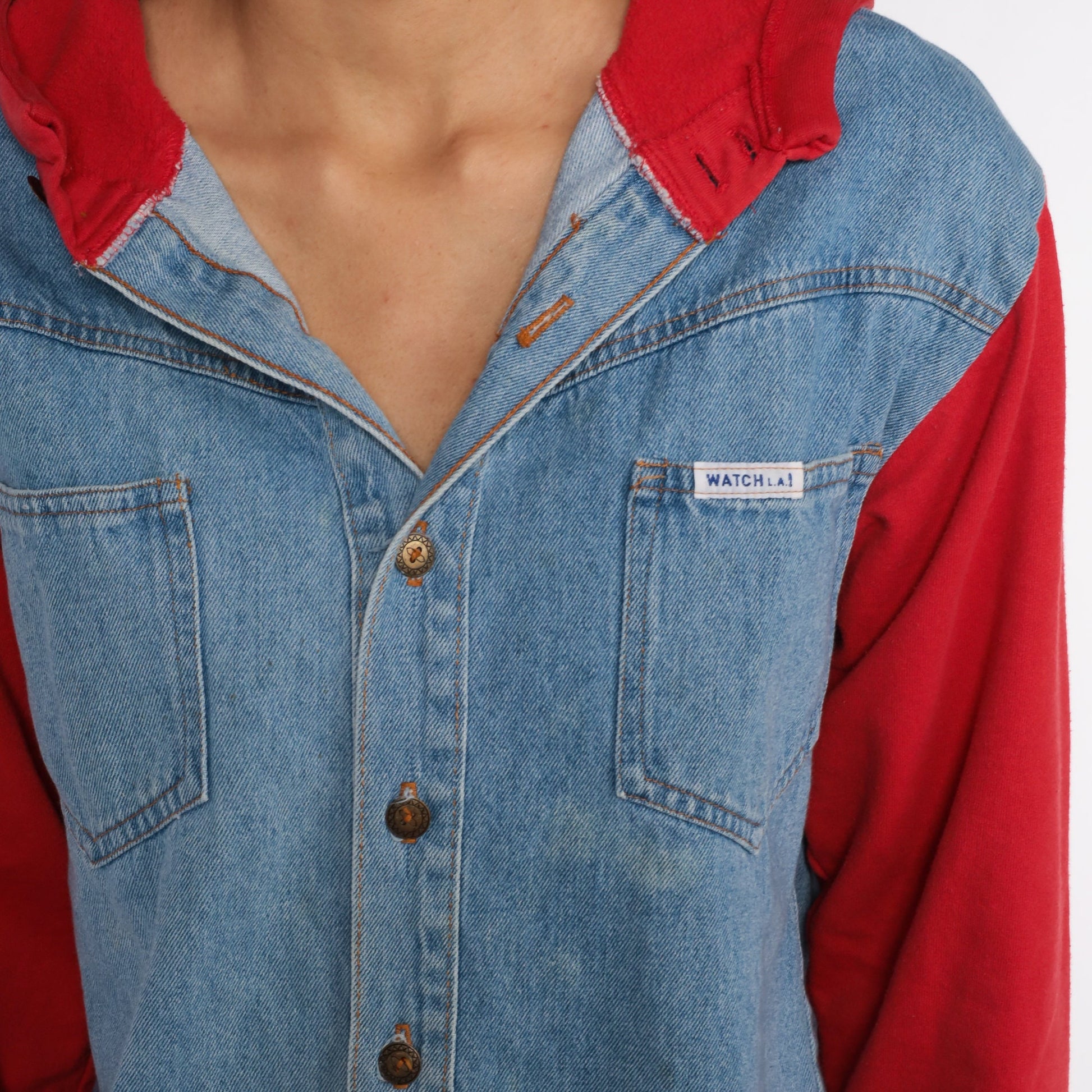 90s Blue Denim Hooded Button-Up Shirt Red Hood Cotton Small
