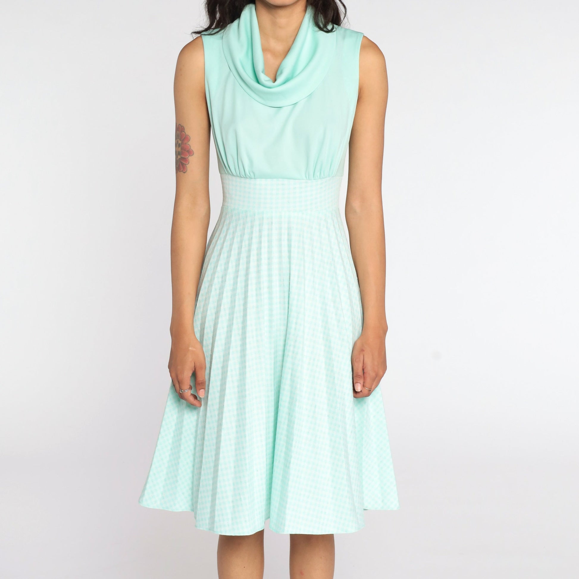 70s Mint Gingham Empire Waist Dress Cowl Neck Pleated Sleeveless Small
