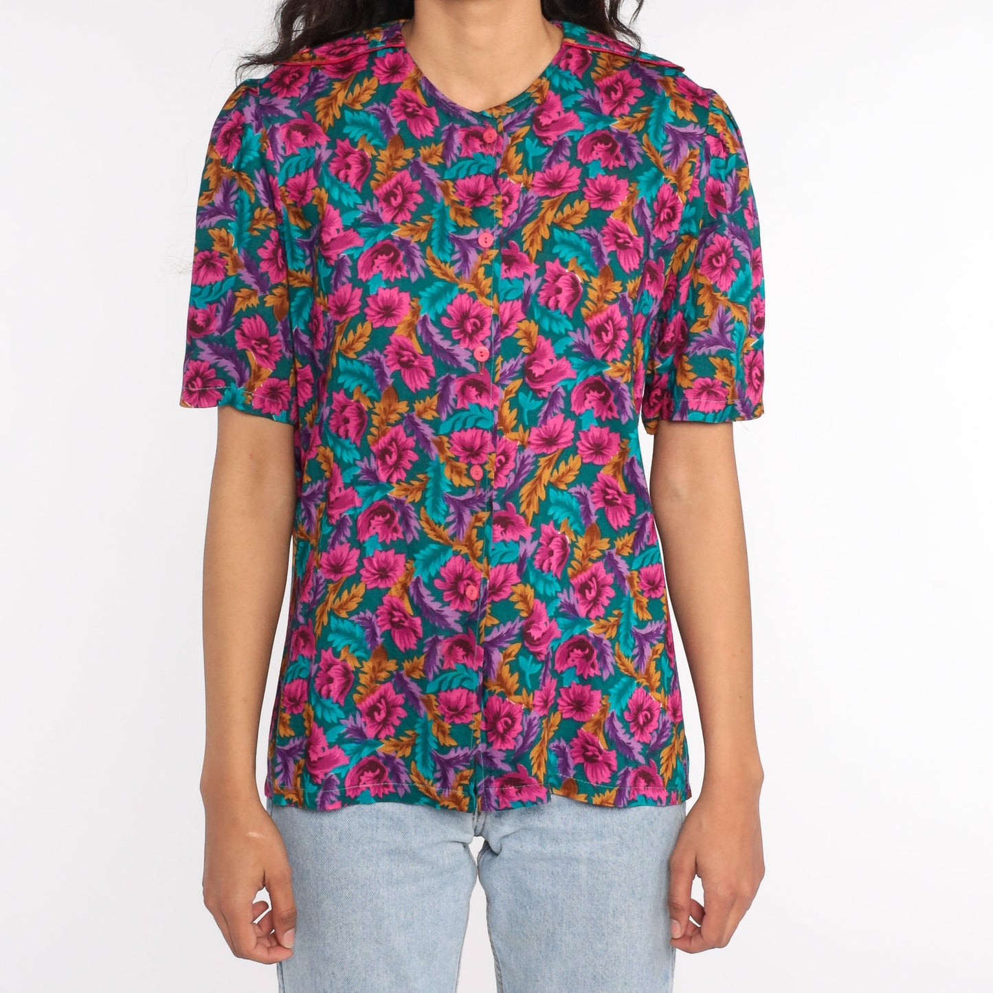 80s Floral Puff Sleeve Button-Up Blouse Turquoise Pink Medium