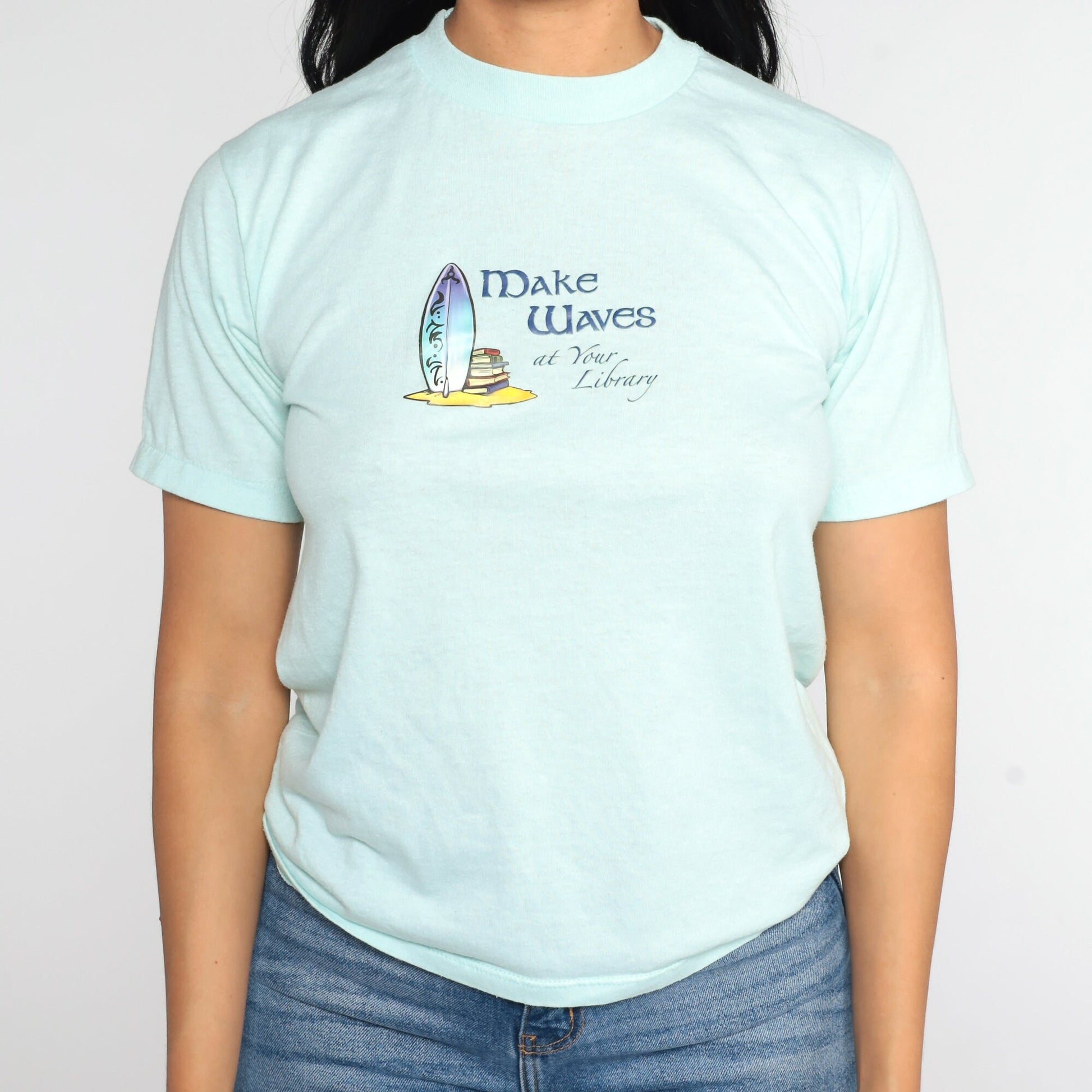 80s Make Waves at Your Library Graphic Tee Aqua Blue Iron On Small