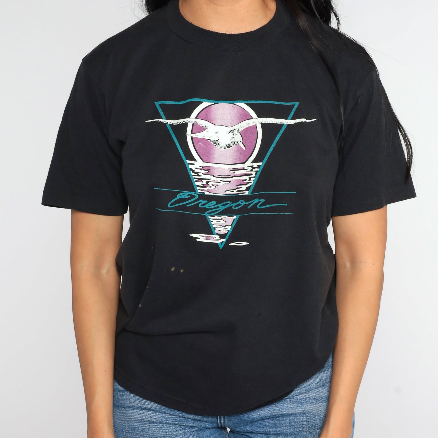 80s Oregon Seagull Graphic T-Shirt Jerzees Black Tee Medium