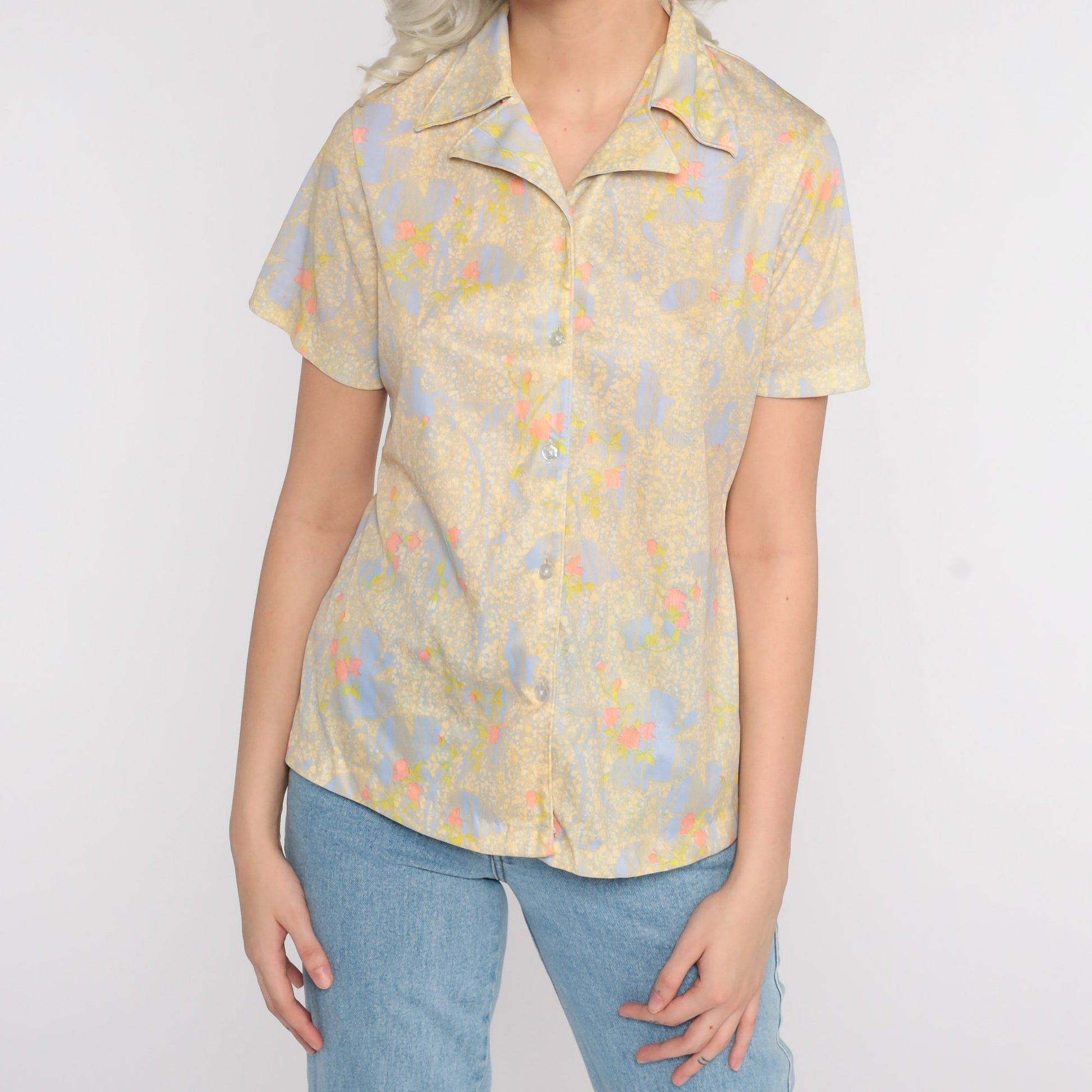70s Abstract Floral Print Button-Up Blouse Yellow Purple Short Sleeve Small
