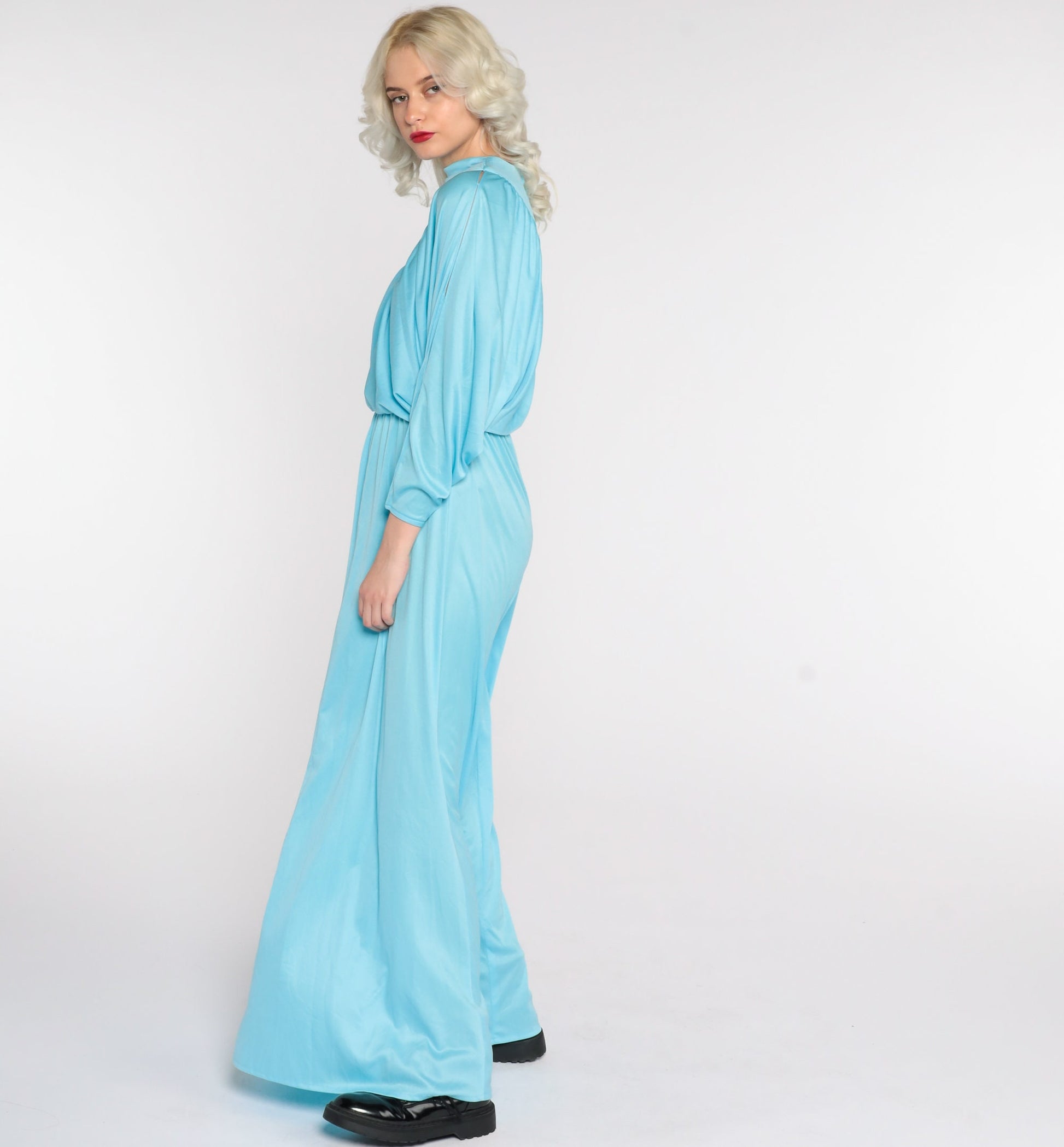 70s Blue Maxi Dress Split Sleeve Blouson Bodice Grecian Small Medium