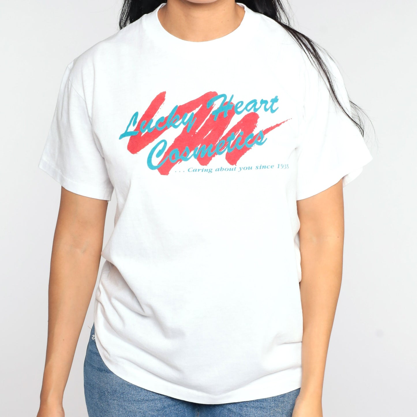 Lucky Heart Cosmetics Graphic T-Shirt Single Stitch White Vintage Tee Large