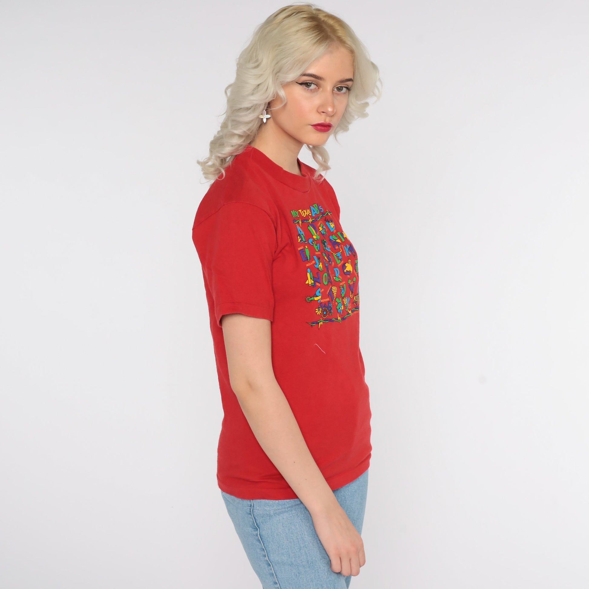 90s Texas ABCs Graphic T-Shirt Red Cotton Tee Extra Small XS