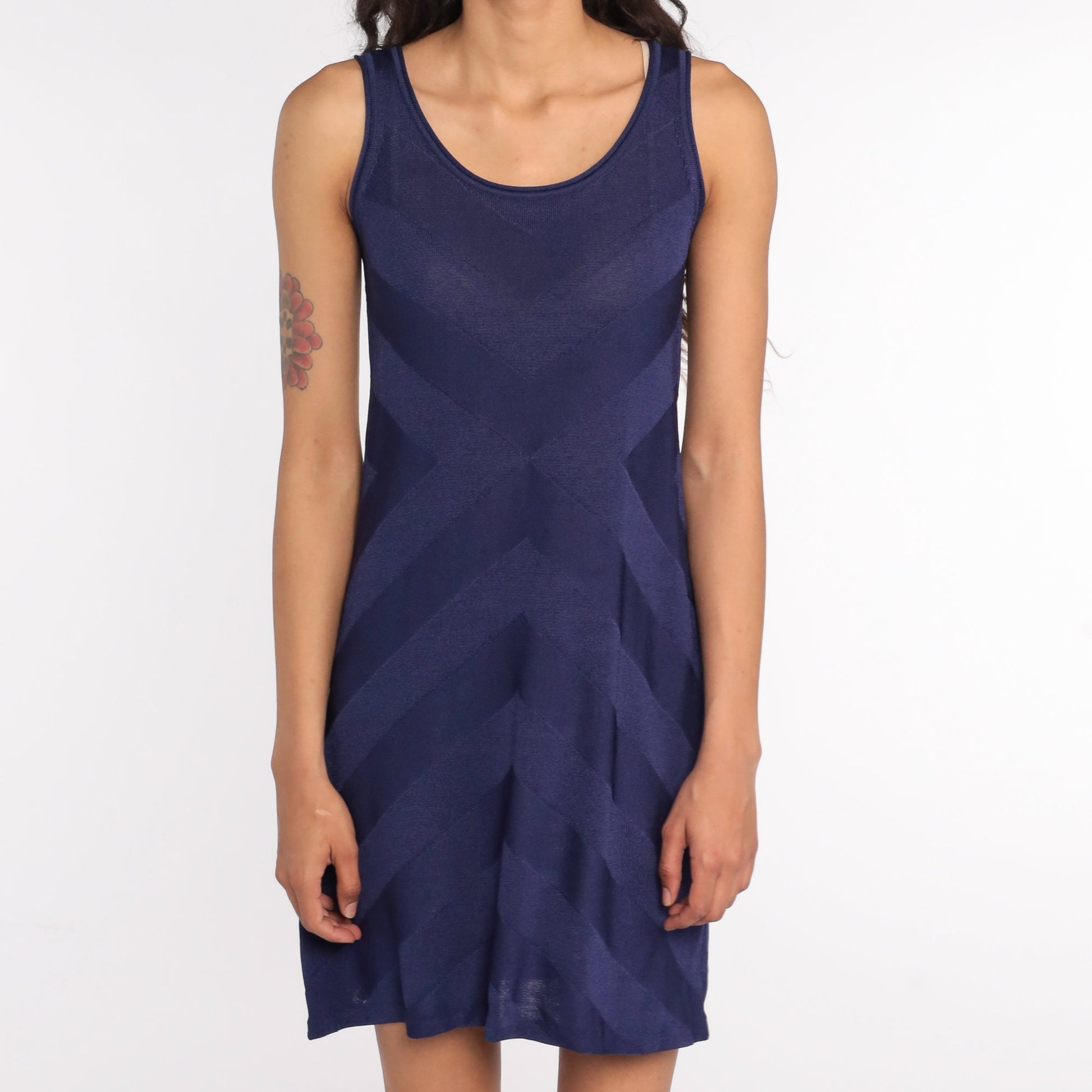 90s Dark Blue Chevron Bodycon Tank Dress Mini Small Medium