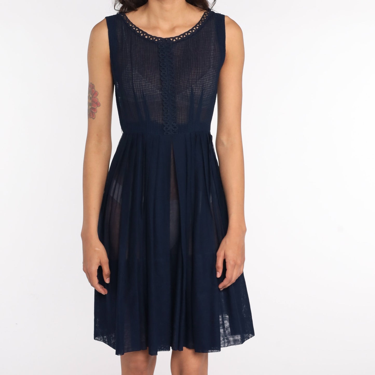 60s Navy Sheer Dress Lace Trim Pleated High Waist Knee Length Extra Small