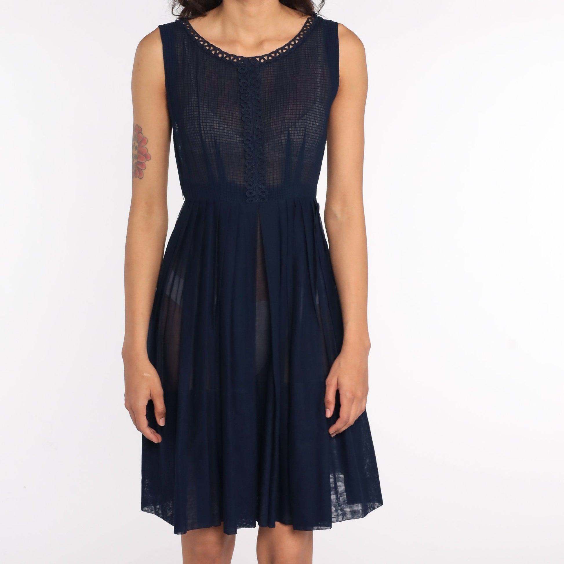 60s Navy Sheer Dress Lace Trim Pleated High Waist Knee Length Extra Small