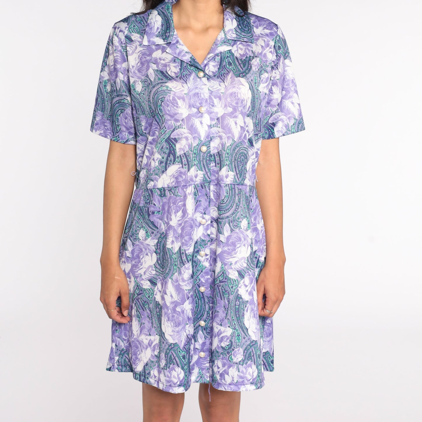 80s Purple Floral Mini Dress High Waisted Button Front Short Sleeve Large
