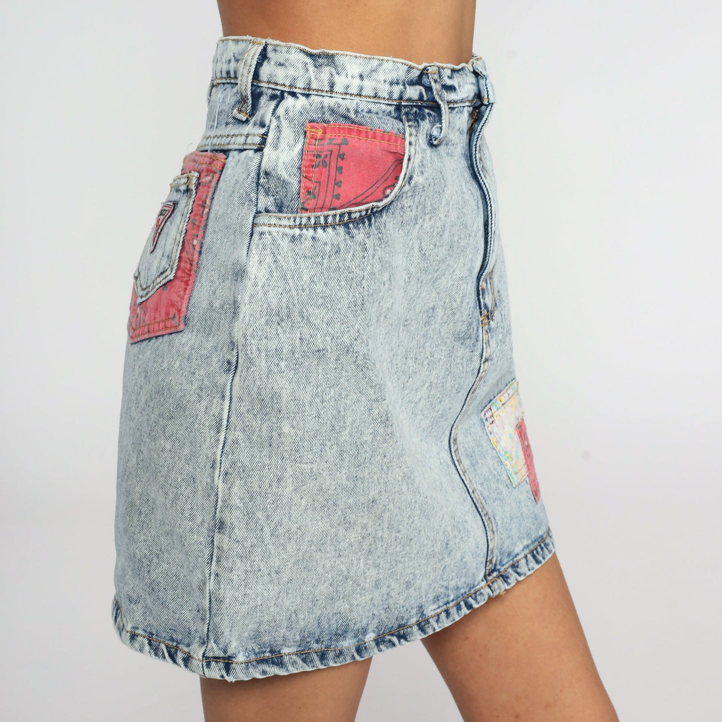 90s Acid Wash Denim Mini Skirt High Waisted Jean Skirt Blue Small S