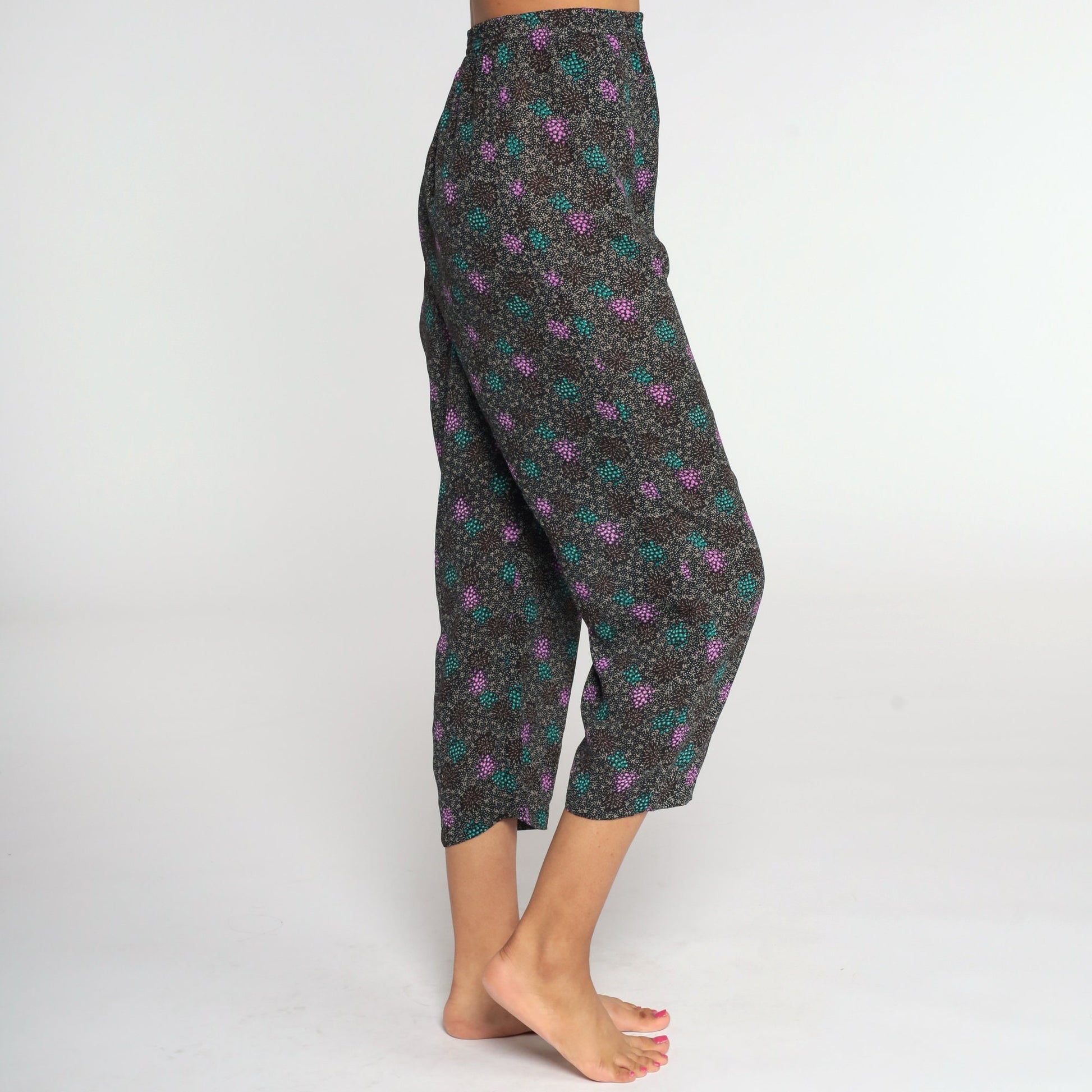 80s High-Waisted Tapered Ankle Pants Black Geometric Medium Large