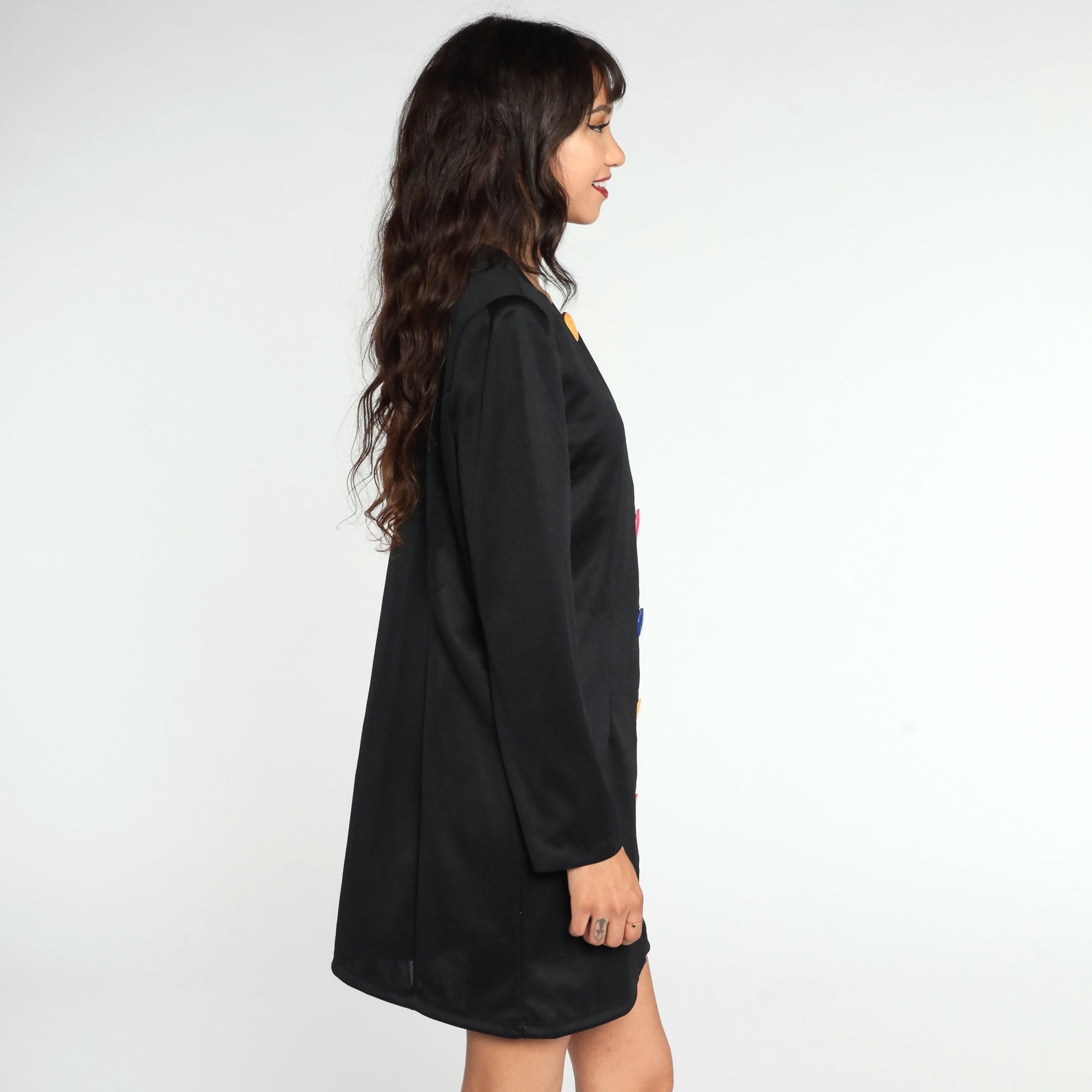 80s Black Mini Dress Rainbow Button Up Long Sleeve Sheath Large 12