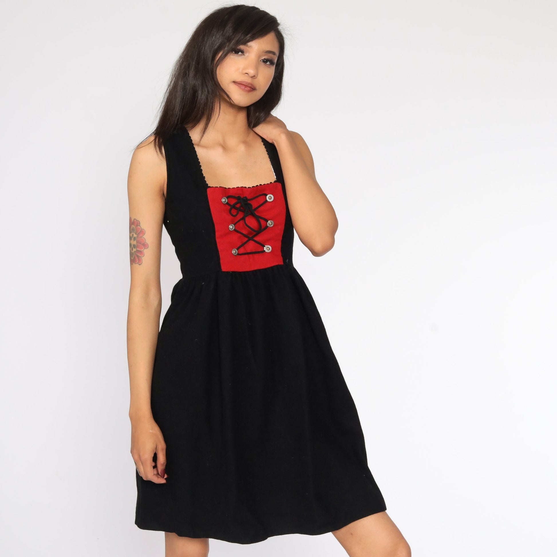 90s German Dirndl Dress Wool Black Mini Lace-Up Corset Small S