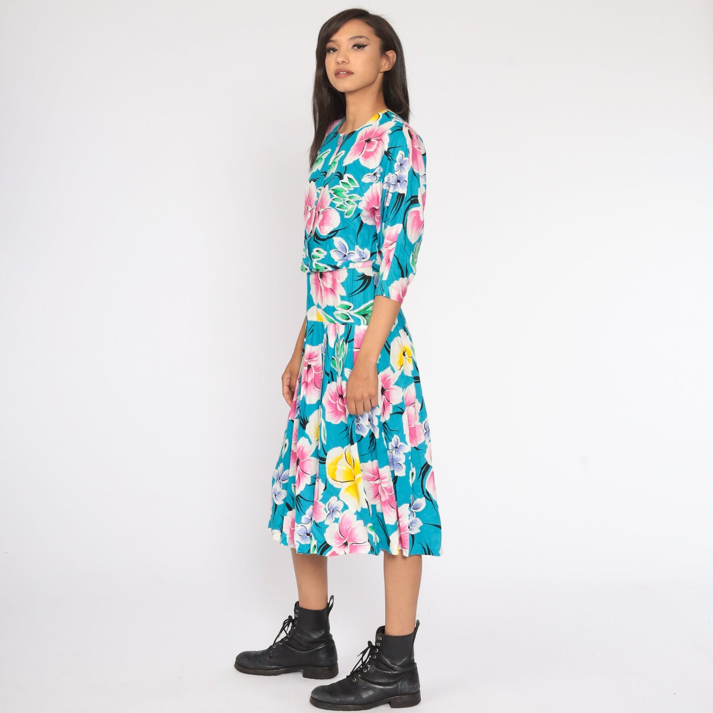 80s Floral Midi Dress Turquoise Drop Waist Button Up 3/4 Sleeve Small
