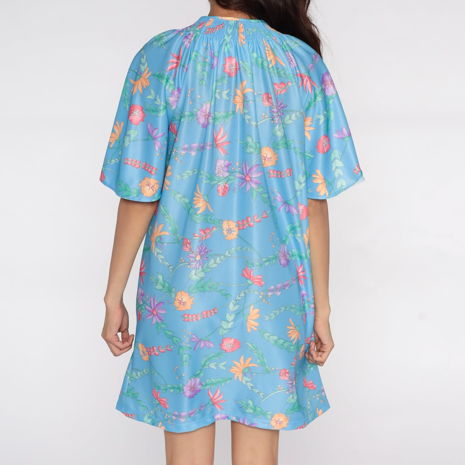70s Blue Floral Mini Shift Dress Flutter Sleeve Front Zip Lounge Small