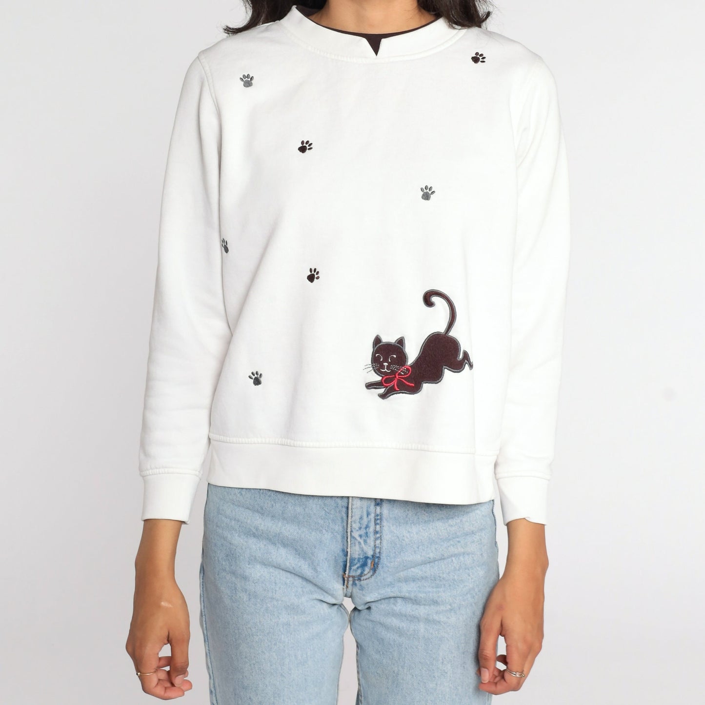 80s Cat Graphic Sweatshirt White Paw Print Crewneck Small