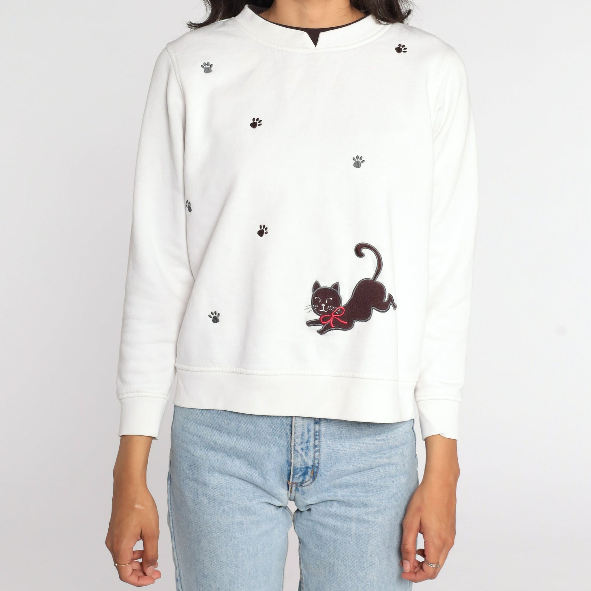 80s Cat Graphic Sweatshirt White Paw Print Crewneck Small