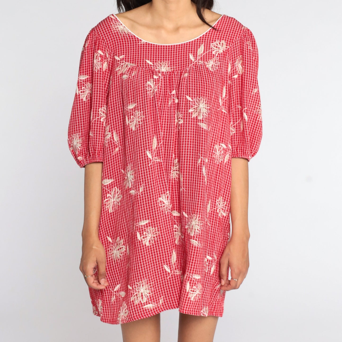80s Red Checkered Floral Mini Dress Puff Sleeve Shift Cut Large
