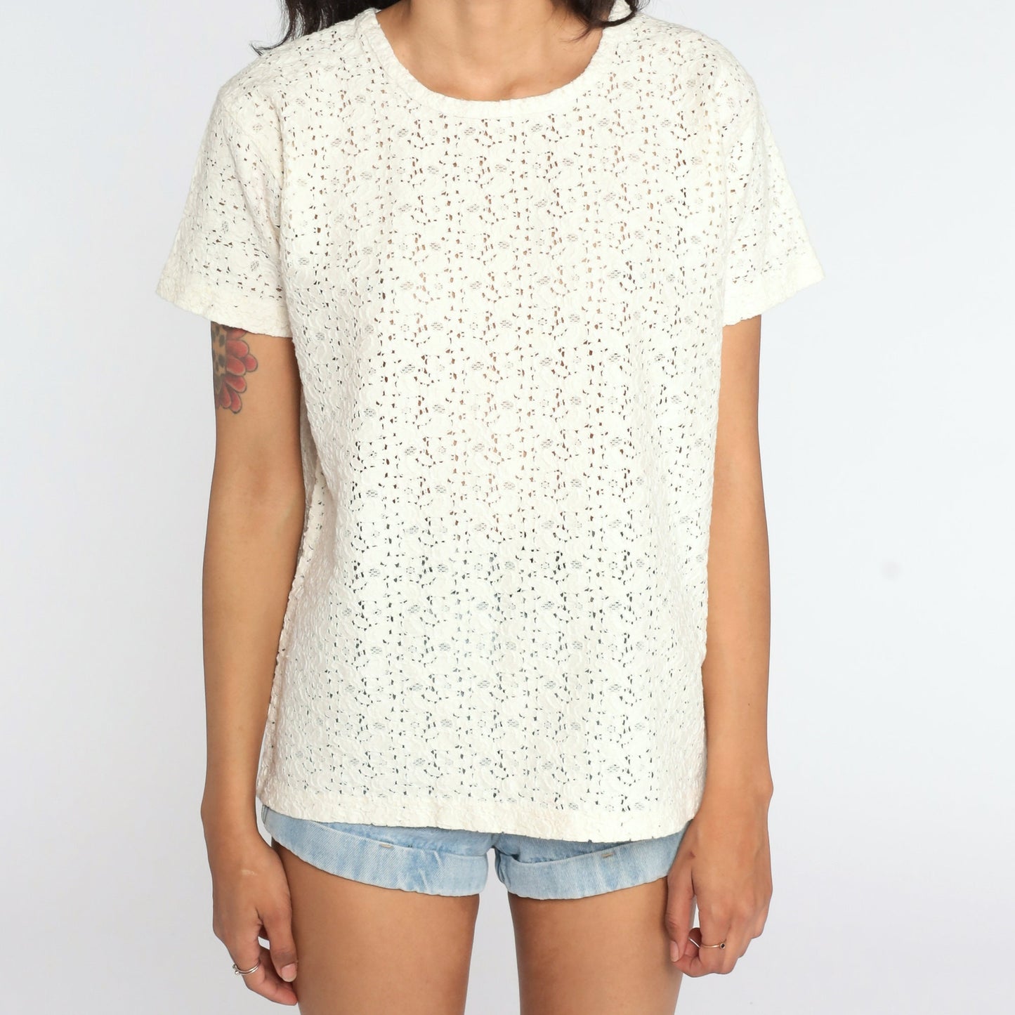 80s Sheer Cream Lace Blouse Short Sleeve Floral Cotton Nylon Medium