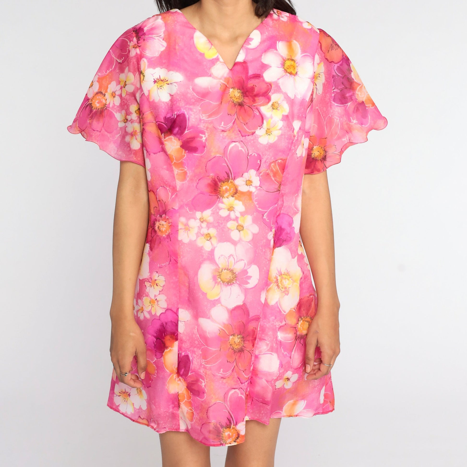 70s Pink Floral Mini Dress Flutter Sleeve Shift Dress Large 12