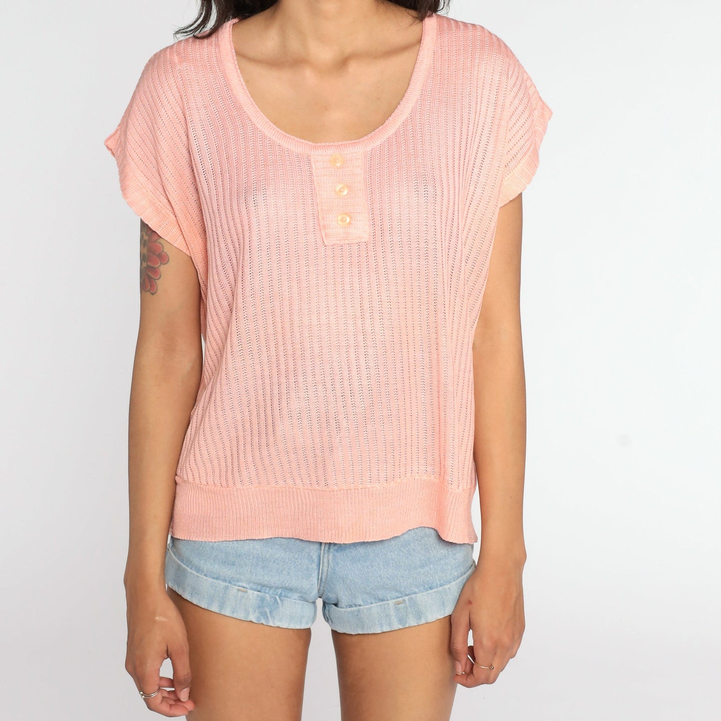 80s Peach Knit Sweater Top Short Sleeve Ribbed Slouchy Large