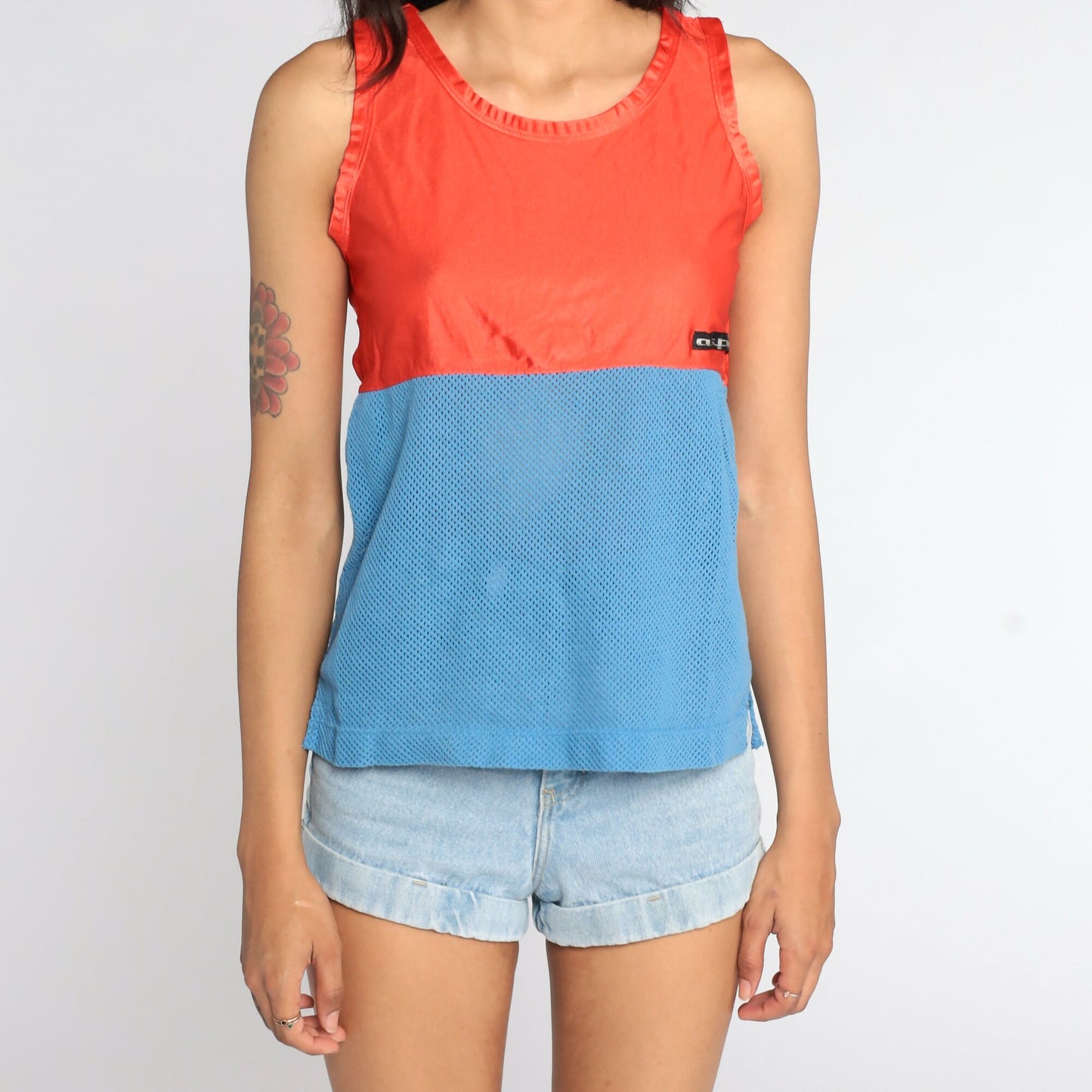80s Aspen Mesh Tank Top Sheer Nylon Orange Blue Colourblock Small