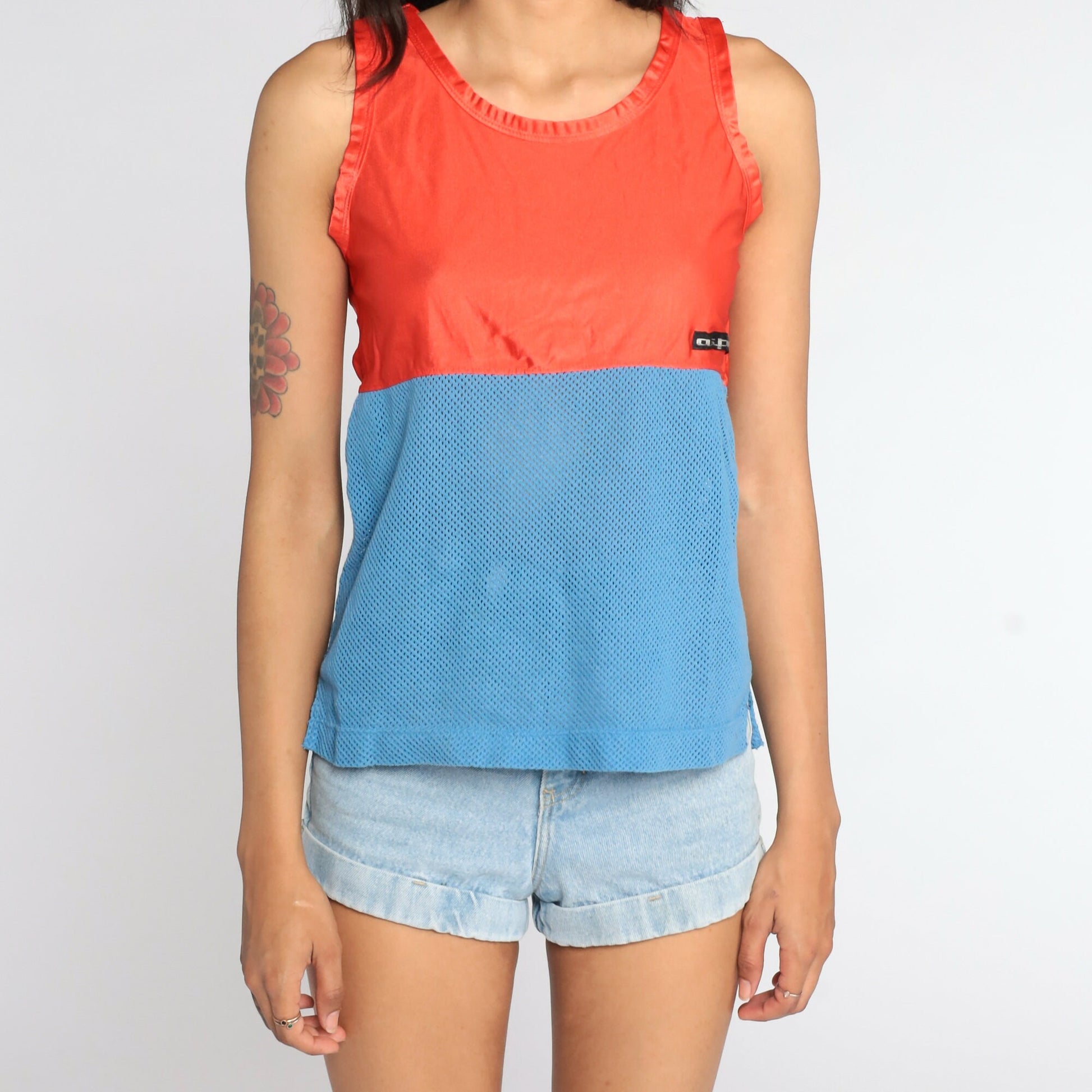 80s Aspen Mesh Tank Top Sheer Nylon Orange Blue Colourblock Small