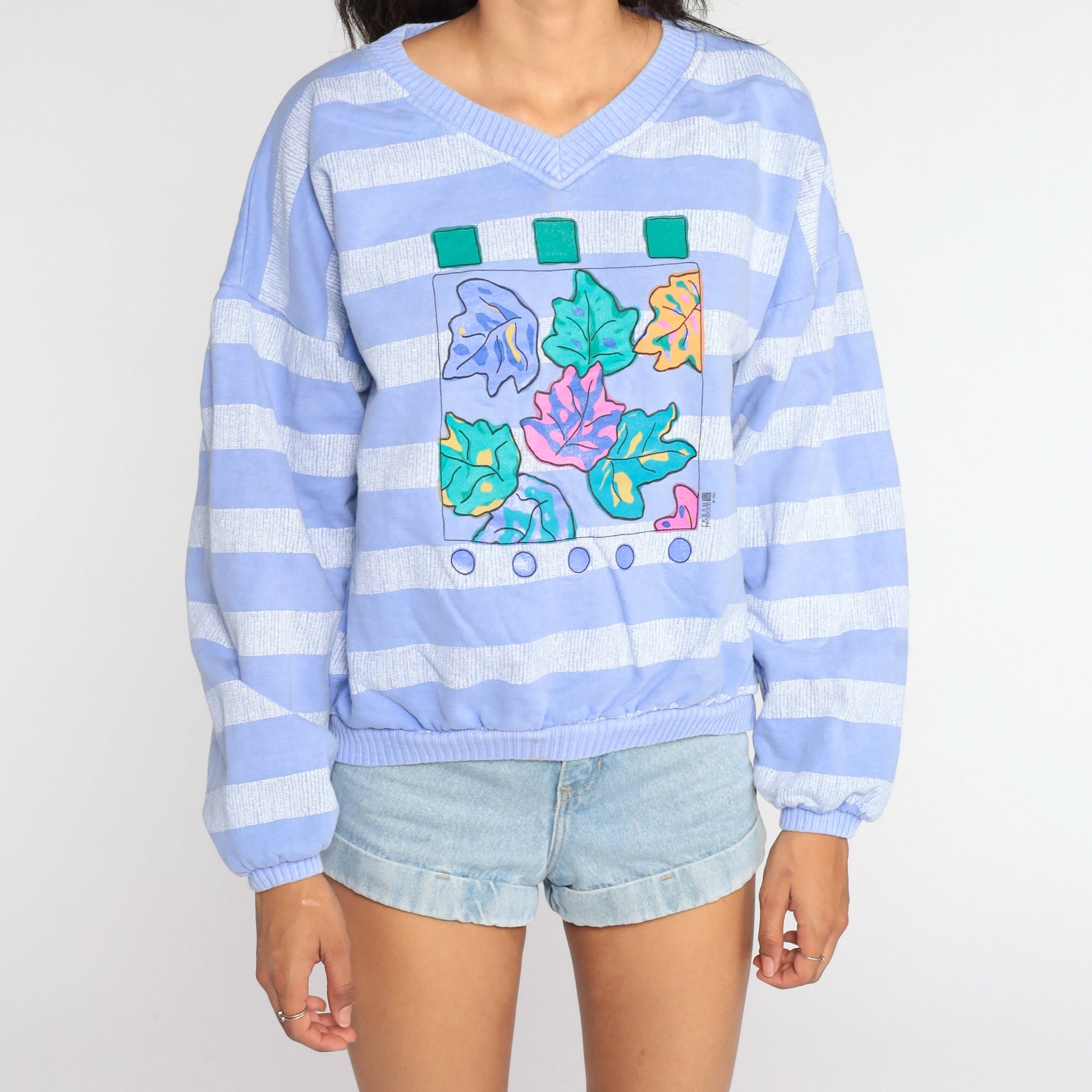 90s Purple Striped Leaf Graphic Sweatshirt Cotton Crewneck Large L