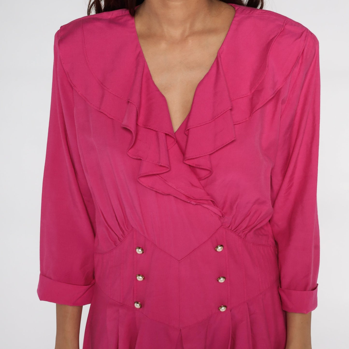 80s Pink Pleated Midi Dress High Waist Button Up Ruffle V-Neck Large L