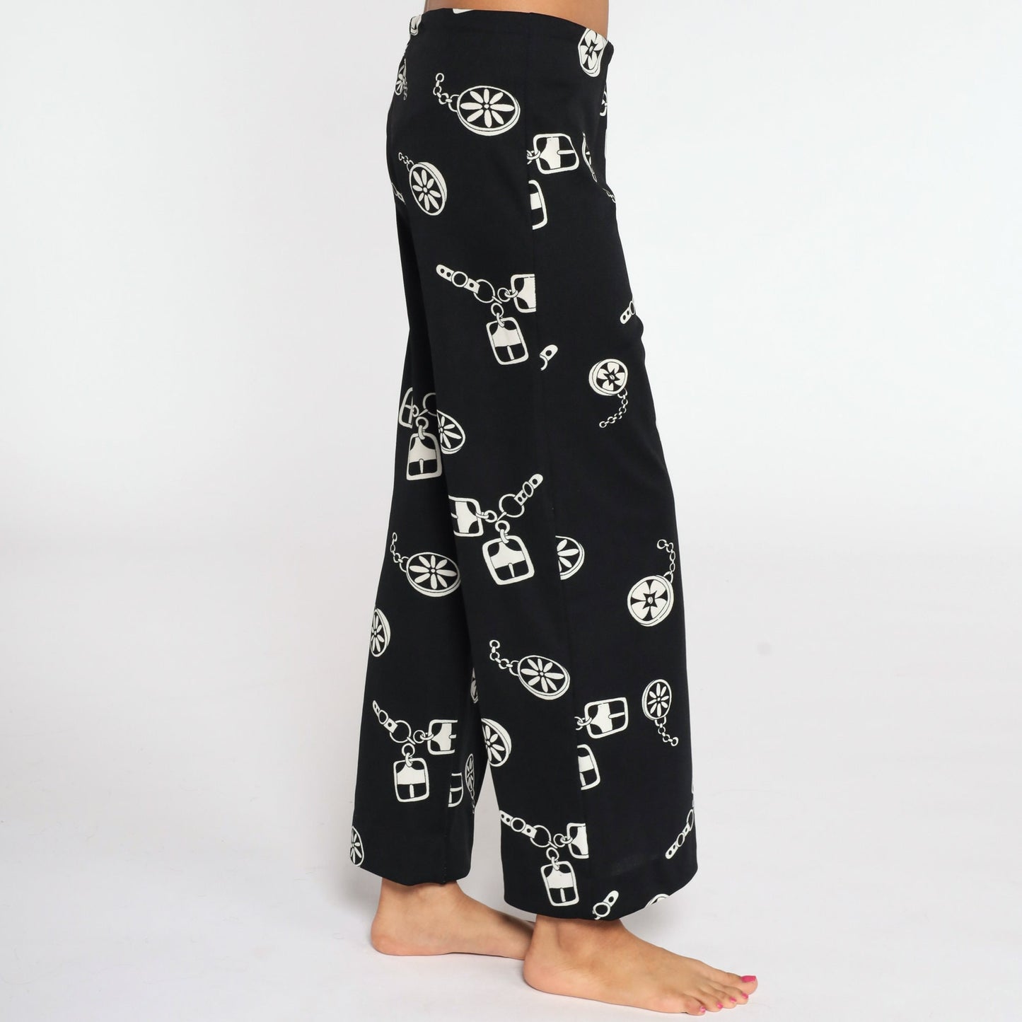 70s Black White Chain Print High Waist Bell Bottom Trousers Medium