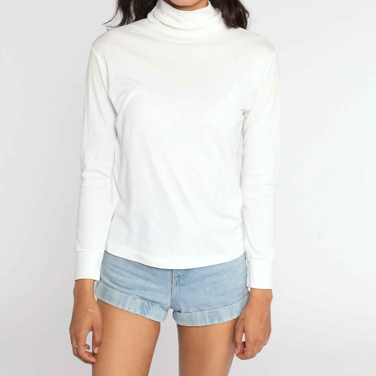80s White Turtleneck Long Sleeve Shirt Cotton Blend Medium