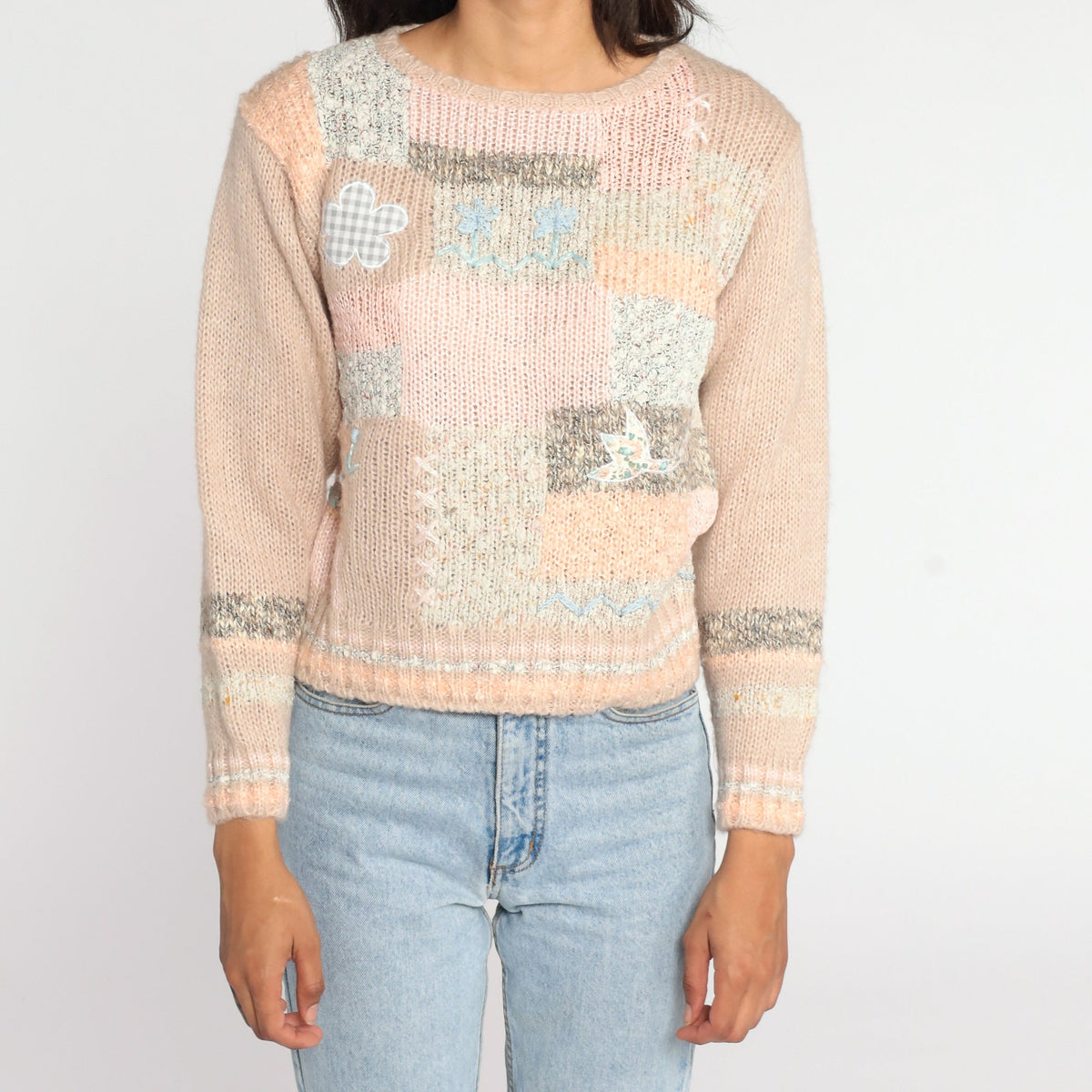 80s Patchwork Floral Embroidered Sweater Peach Wool Blend Small