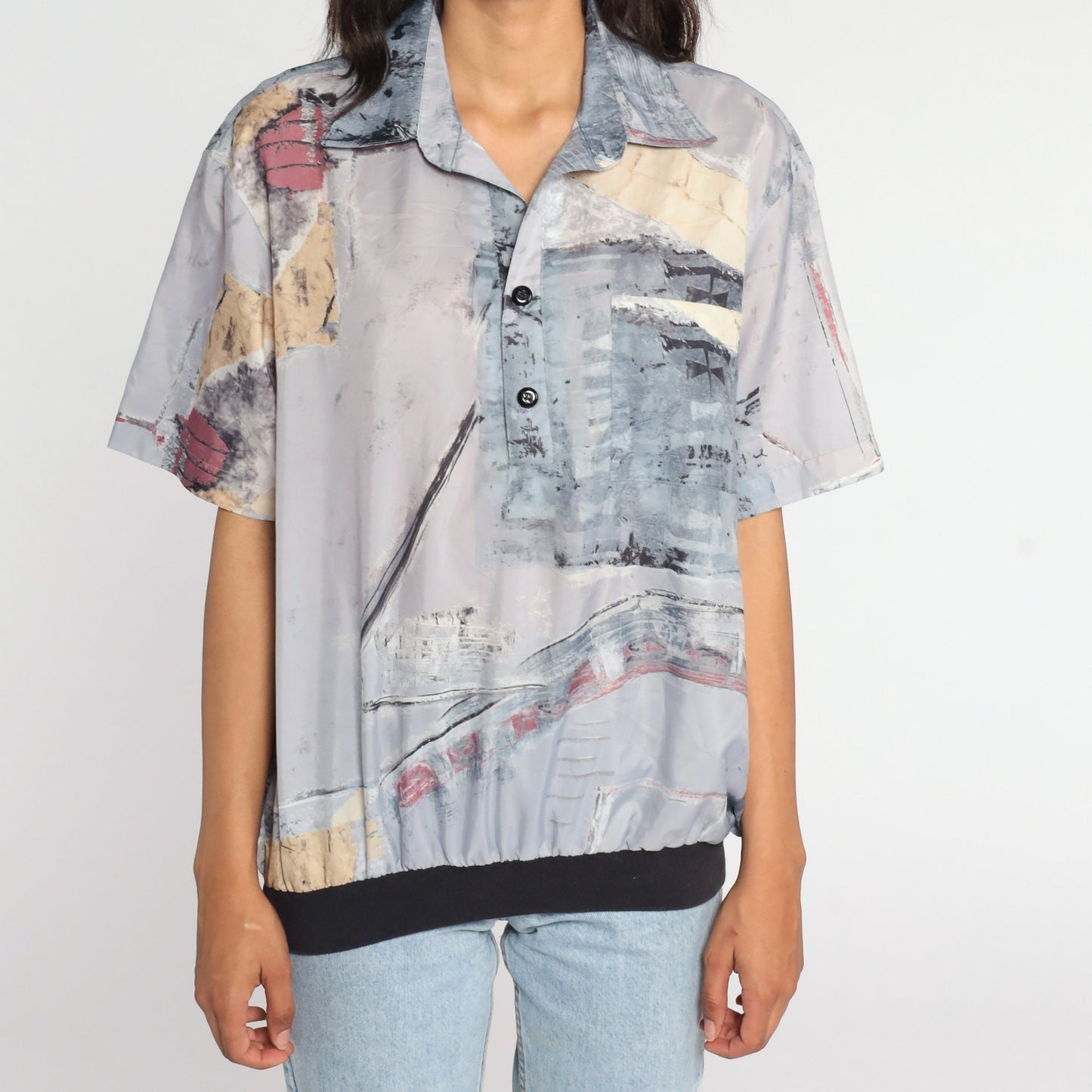 80s Abstract Brushstroke Button-Up Shirt Grey Polyester Blouse Large