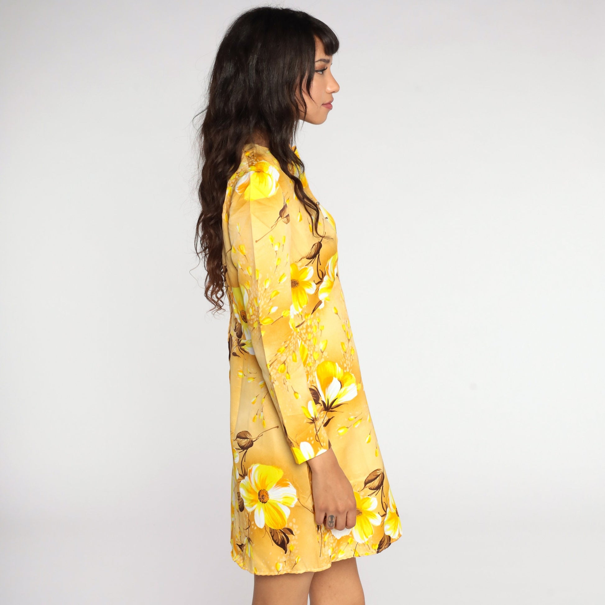 60s Yellow Floral Babydoll Dress Empire Waist Mini Long Sleeve Medium
